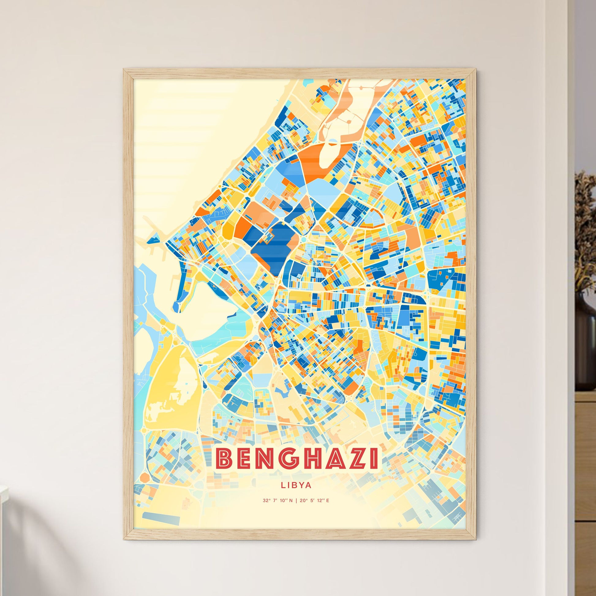 Colorful Benghazi Libya Fine Art Map Blue Orange