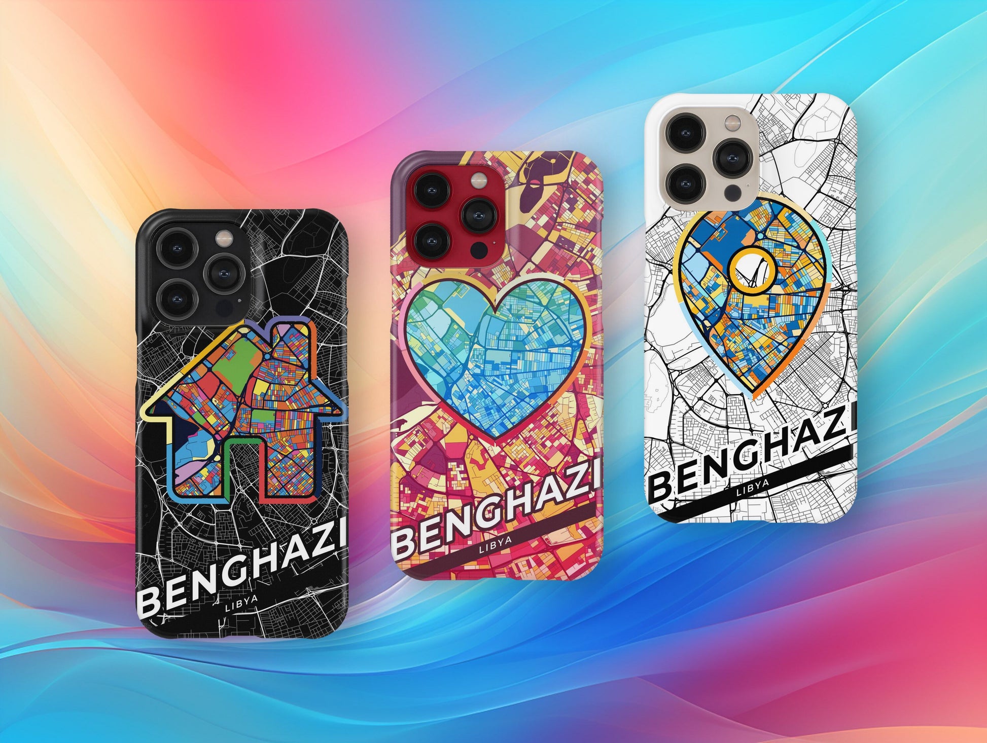 Benghazi Libya slim phone case with colorful icon. Birthday, wedding or housewarming gift. Couple match cases.