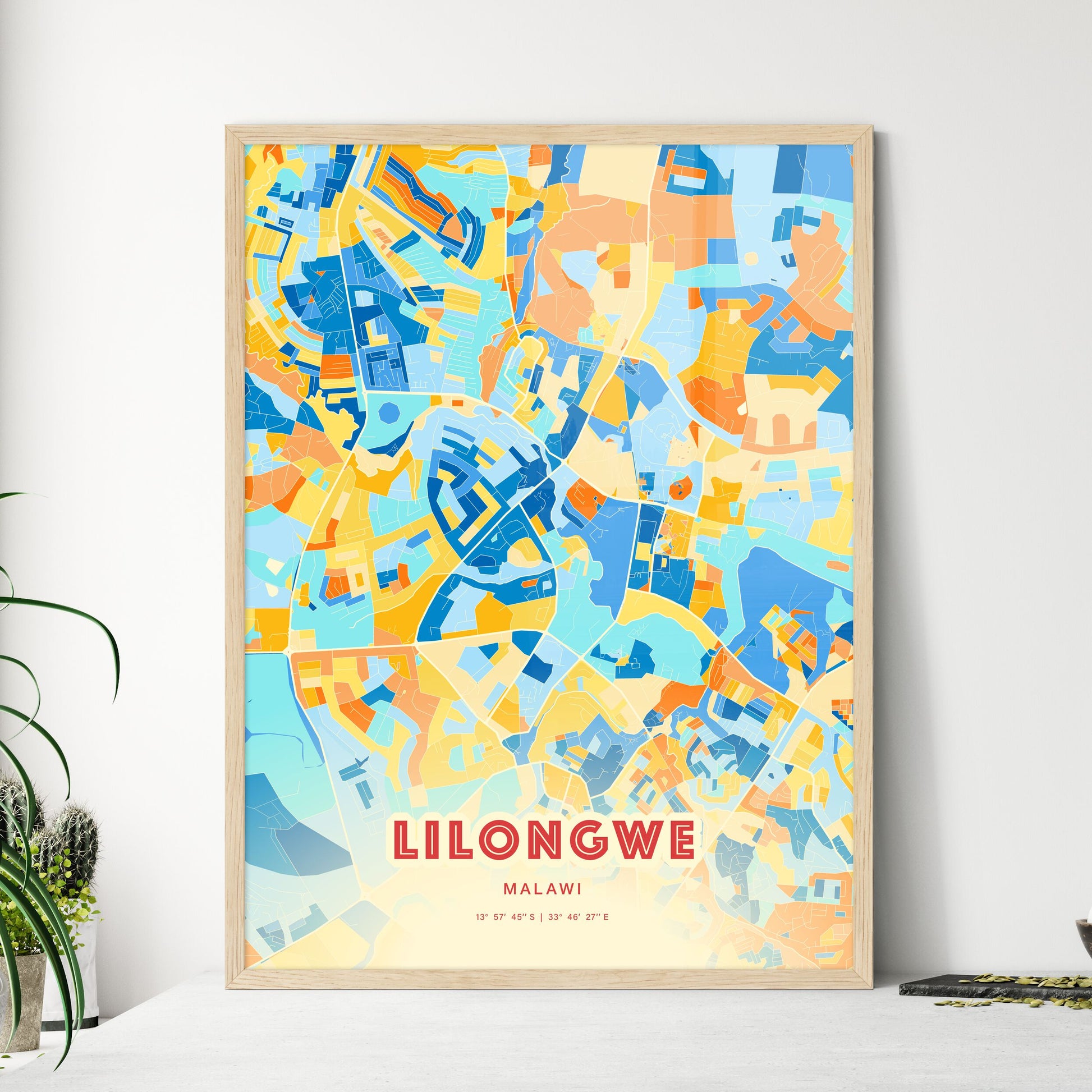 Colorful LILONGWE MALAWI Fine Art Map Blue Orange