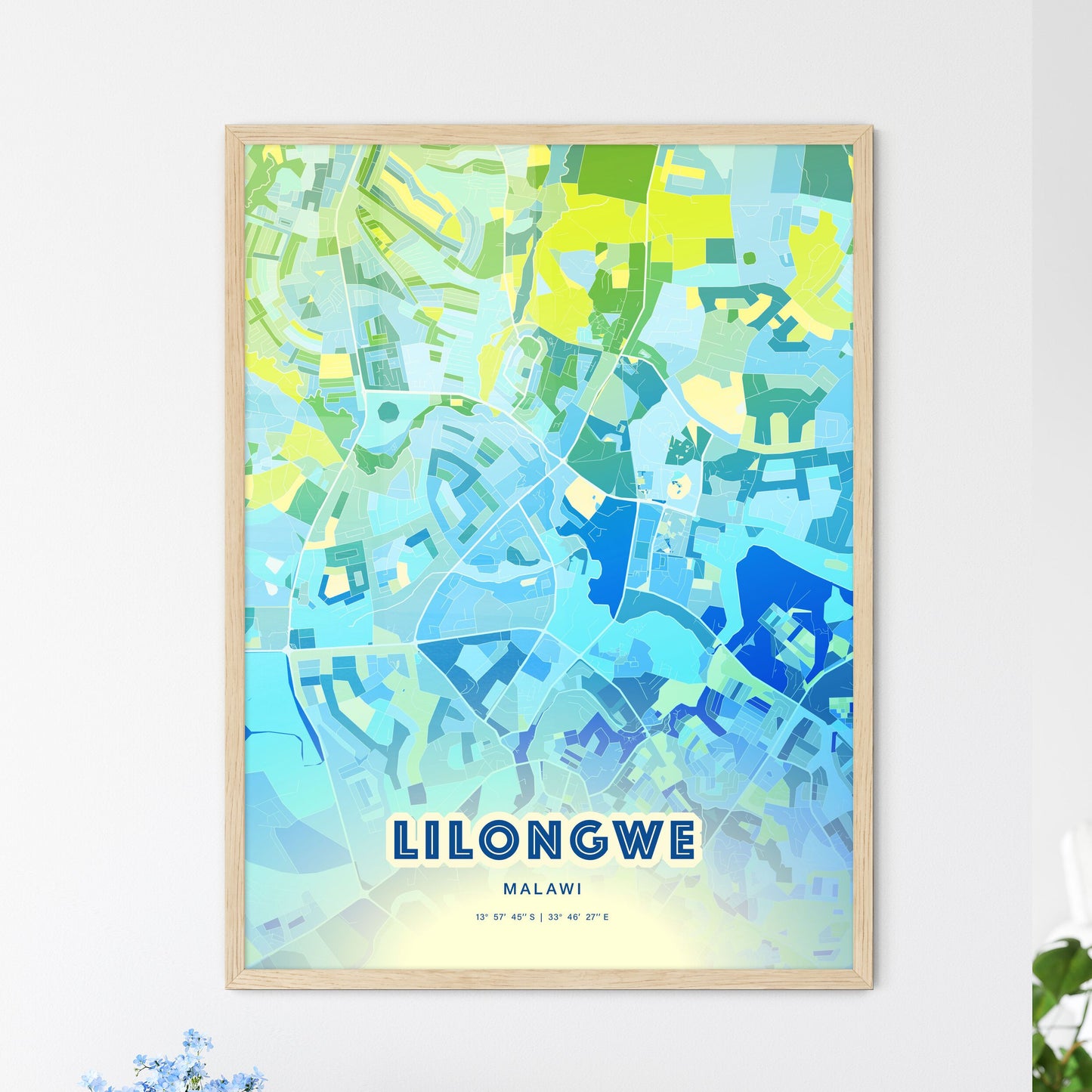 Colorful LILONGWE MALAWI Fine Art Map Cool Blue