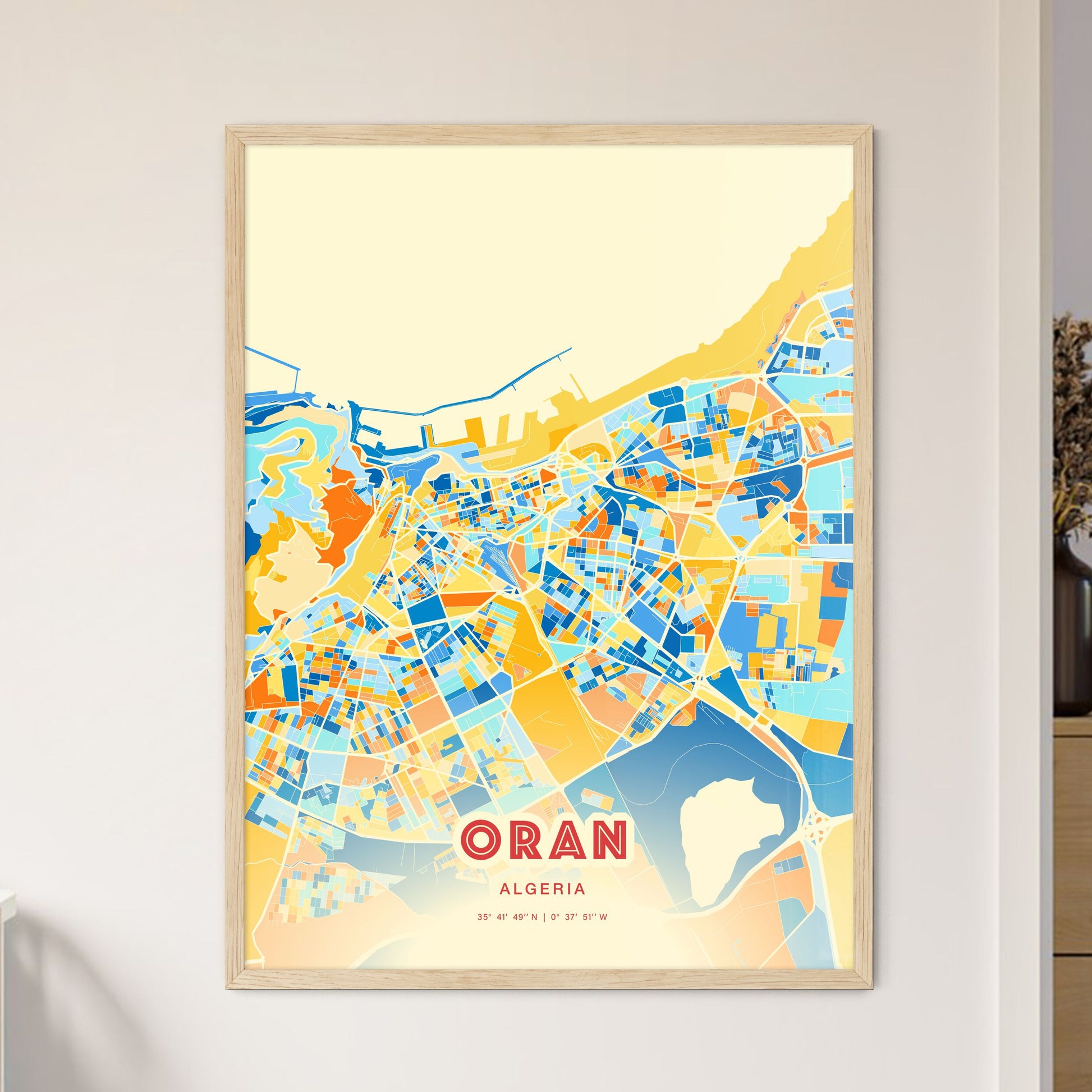 Colorful ORAN ALGERIA Fine Art Map Blue Orange