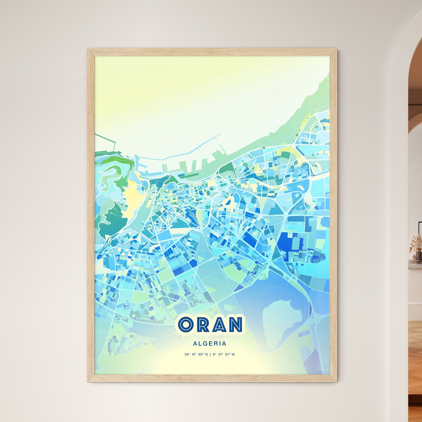 Colorful ORAN ALGERIA Fine Art Map Cool Blue