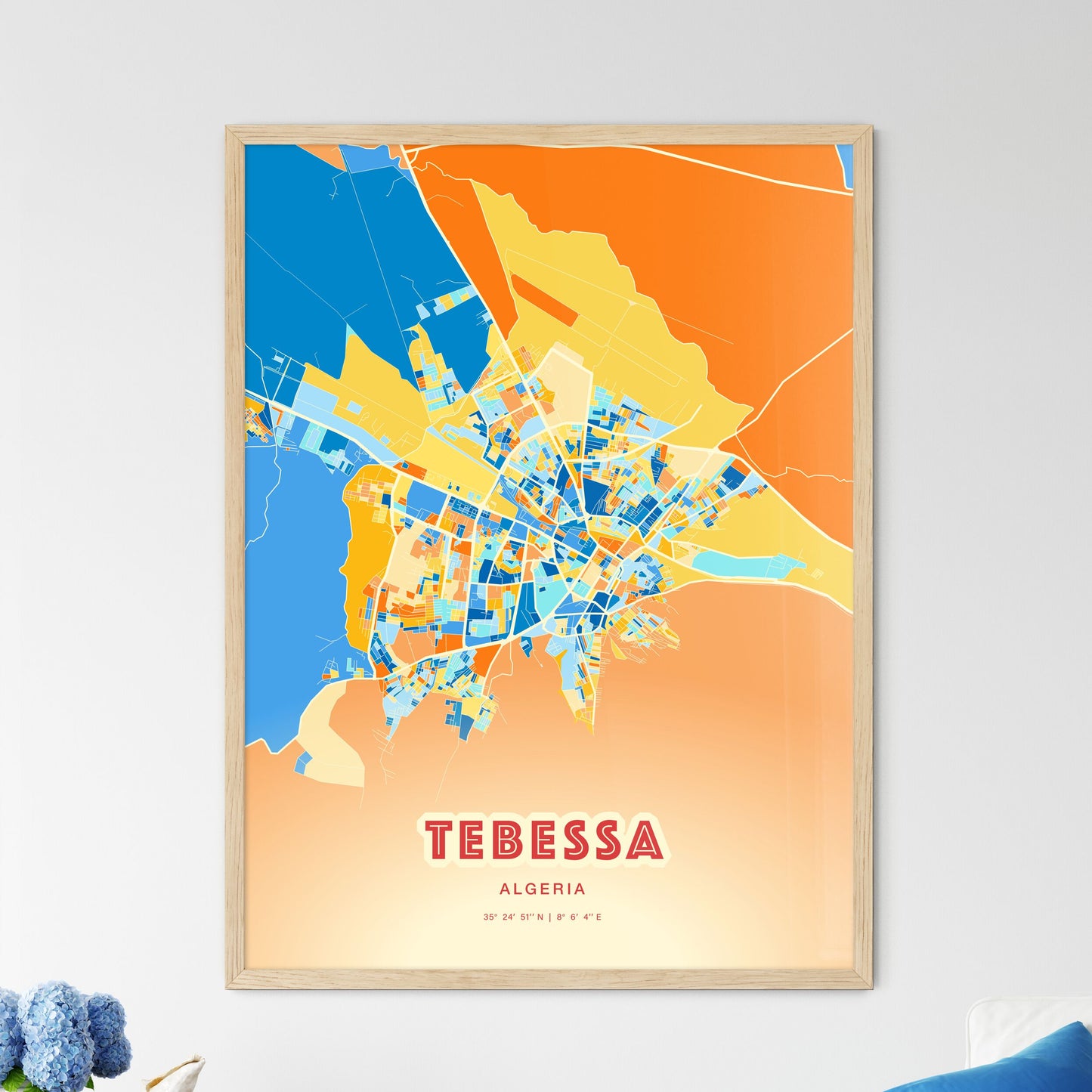 Colorful TEBESSA ALGERIA Fine Art Map Blue Orange