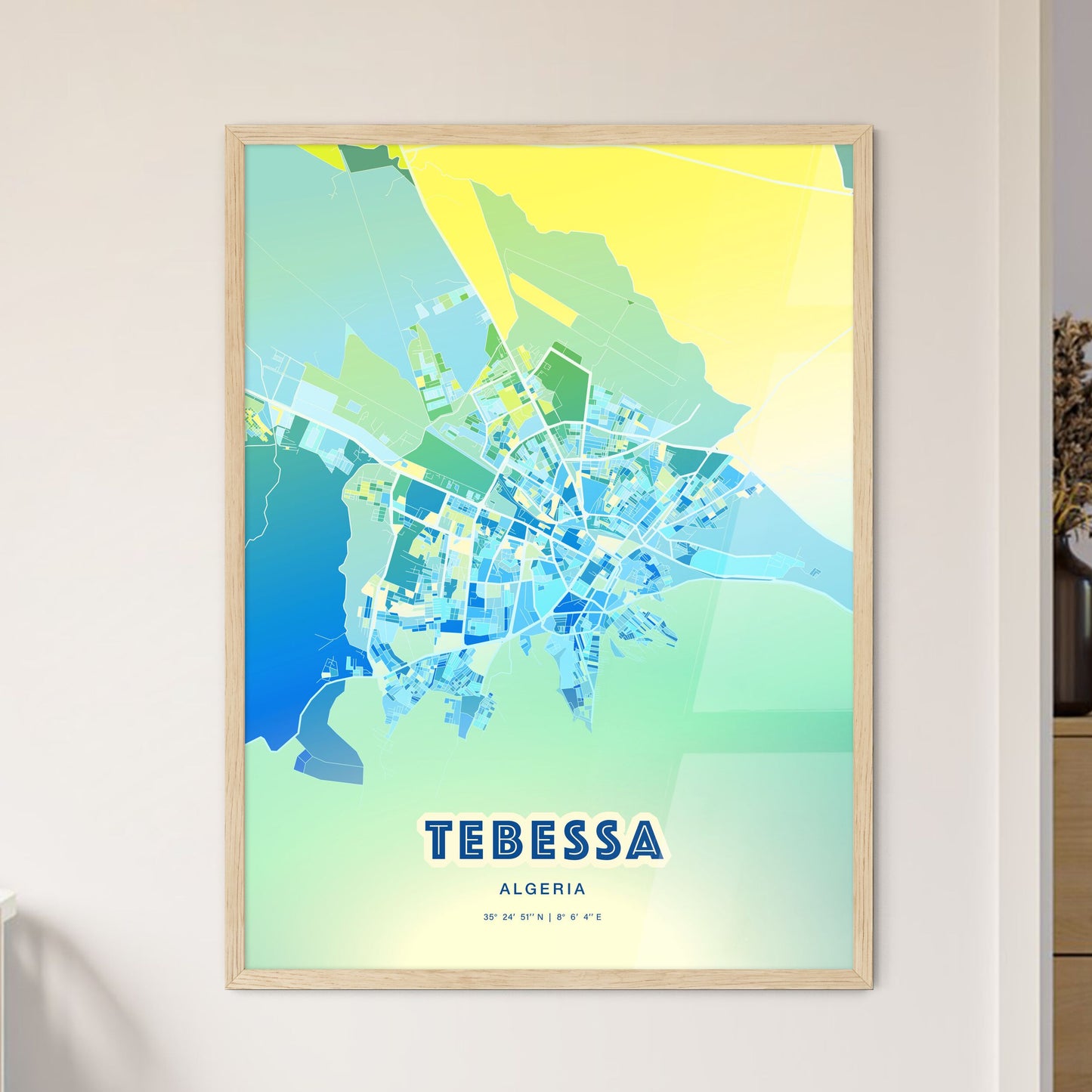 Colorful TEBESSA ALGERIA Fine Art Map Cool Blue