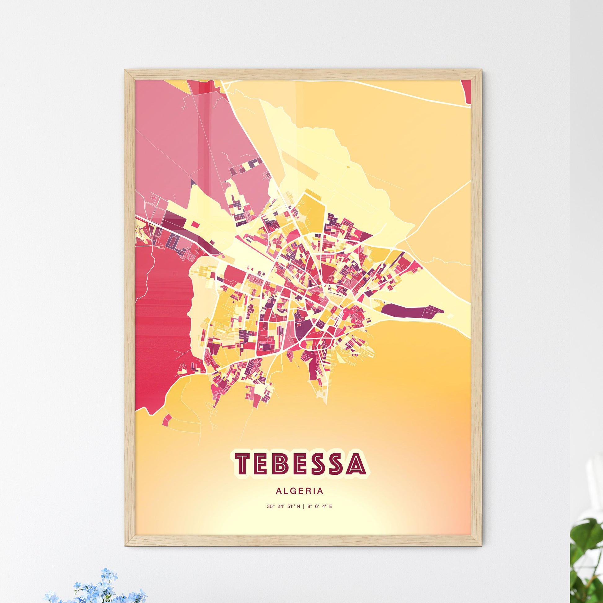 Colorful TEBESSA ALGERIA Fine Art Map Hot Red