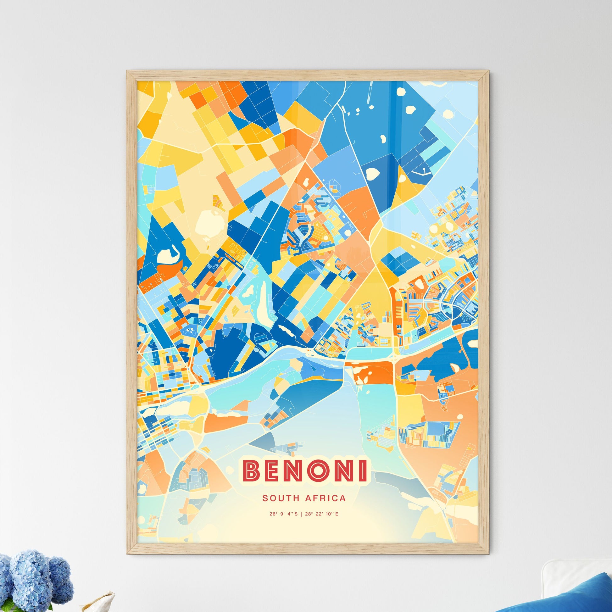 Colorful BENONI SOUTH AFRICA Fine Art Map Blue Orange