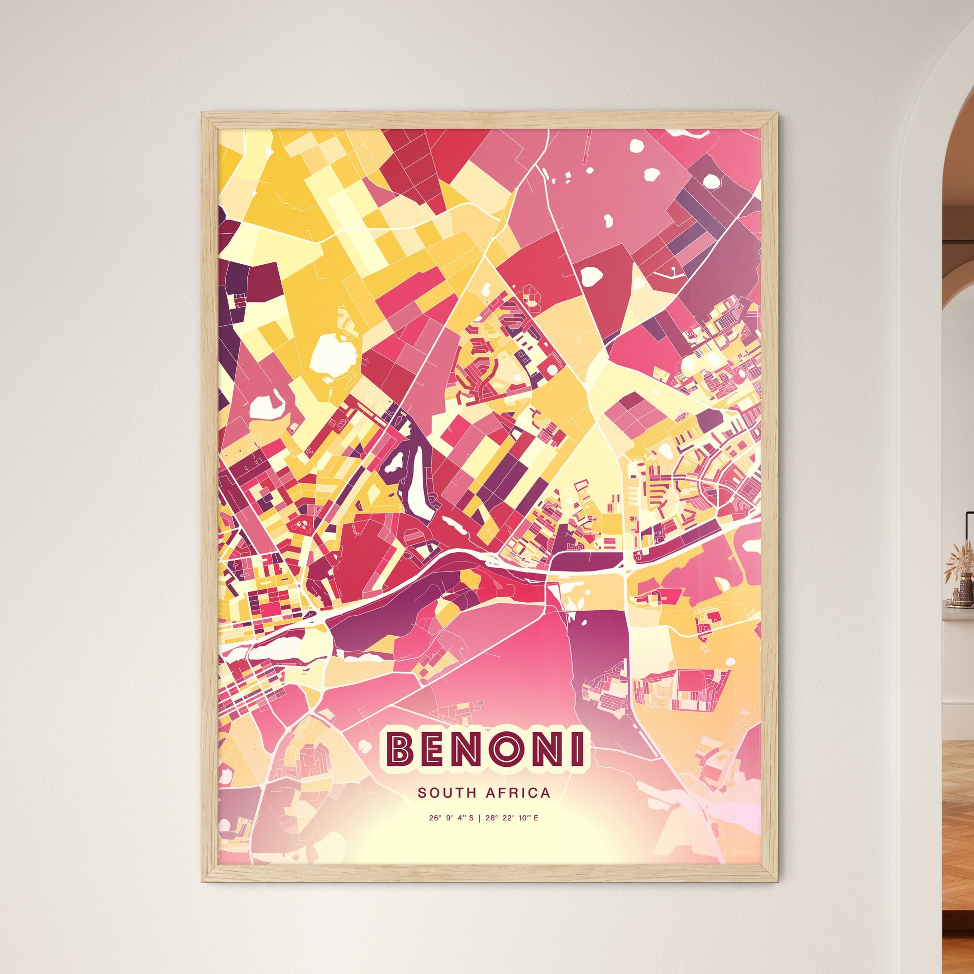 Colorful BENONI SOUTH AFRICA Fine Art Map Hot Red