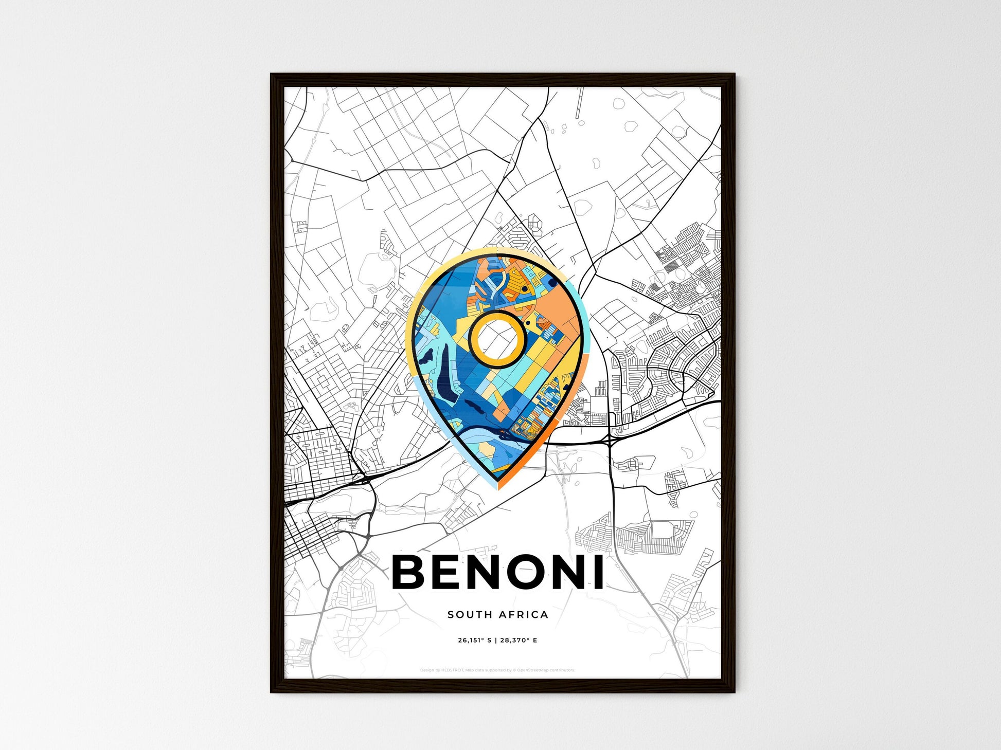 Benoni South Africa wedding art map with pointer icon