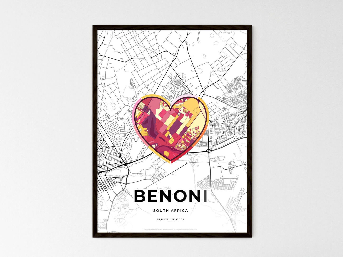 Benoni South Africa wedding art map with heart icon
