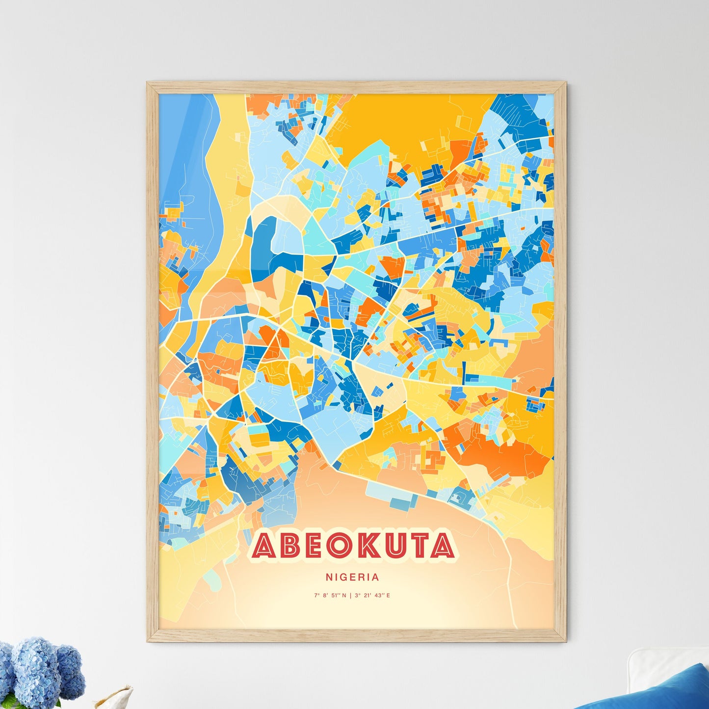 Colorful ABEOKUTA NIGERIA Fine Art Map Blue Orange