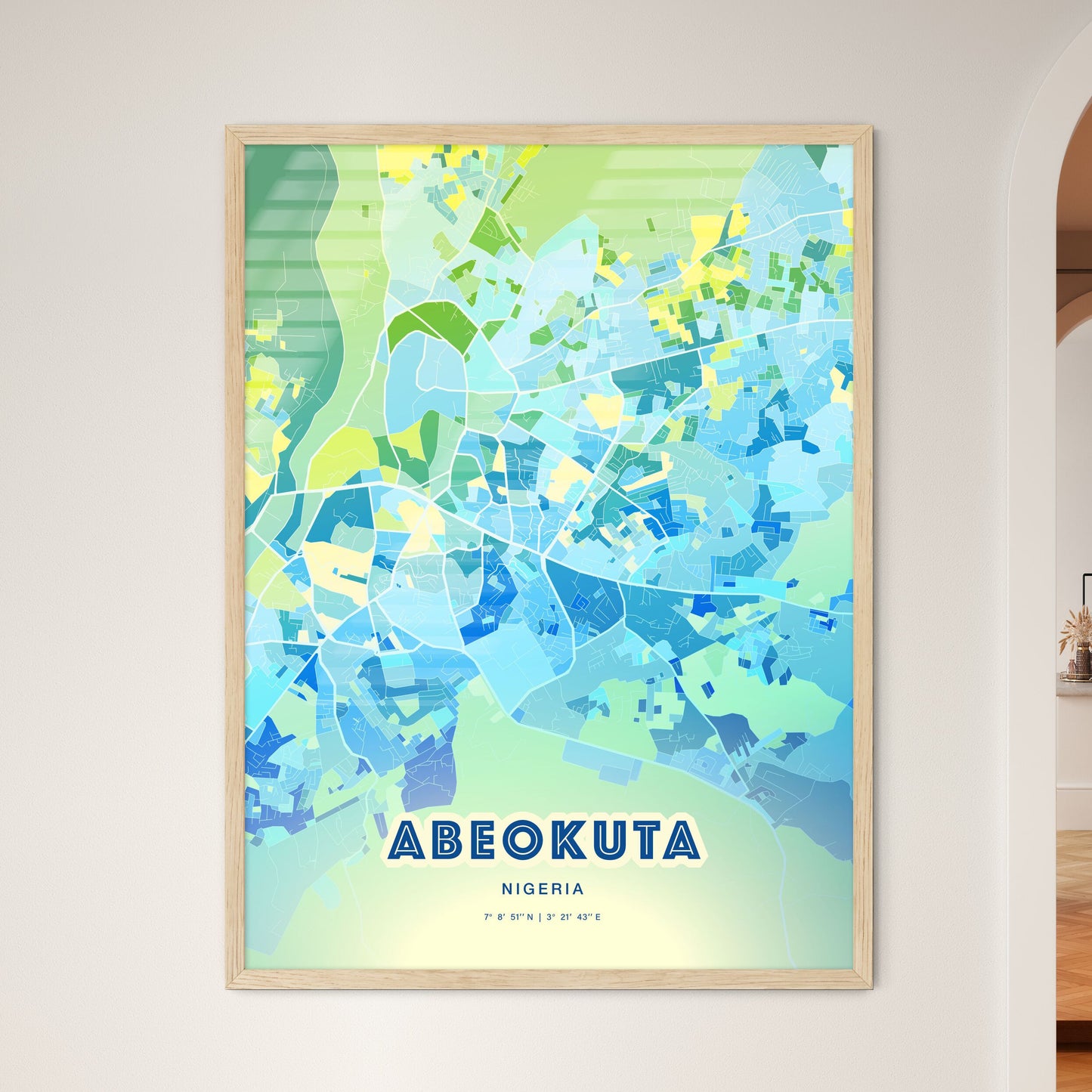 Colorful ABEOKUTA NIGERIA Fine Art Map Cool Blue