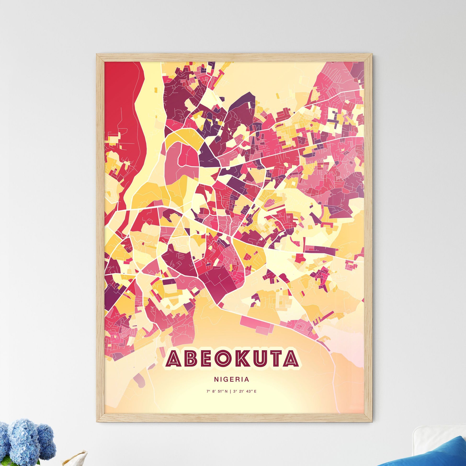 Colorful ABEOKUTA NIGERIA Fine Art Map Hot Red