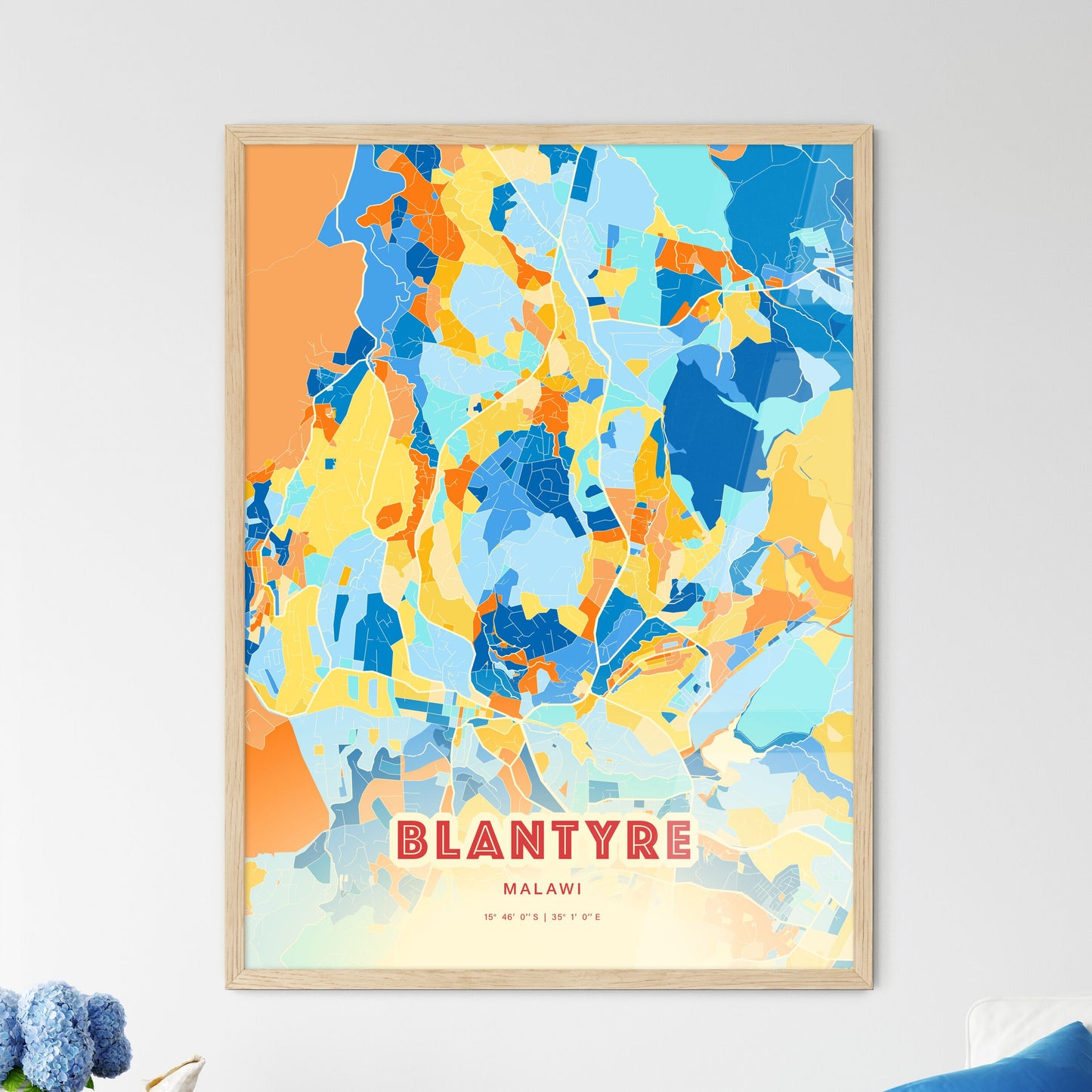 Colorful BLANTYRE MALAWI Fine Art Map Blue Orange