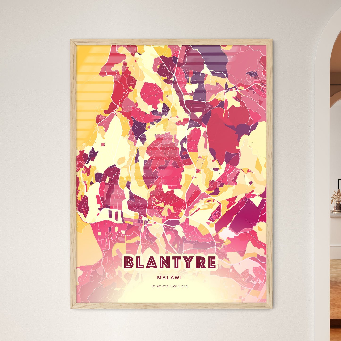 Colorful BLANTYRE MALAWI Fine Art Map Hot Red