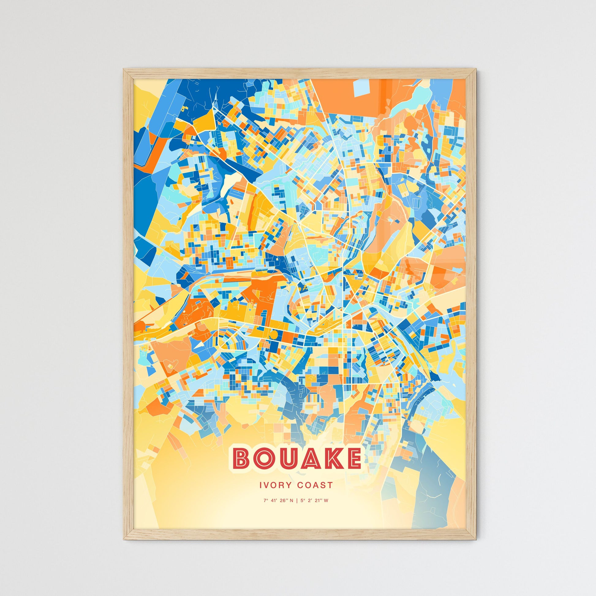 Colorful BOUAKE IVORY COAST Fine Art Map Blue Orange