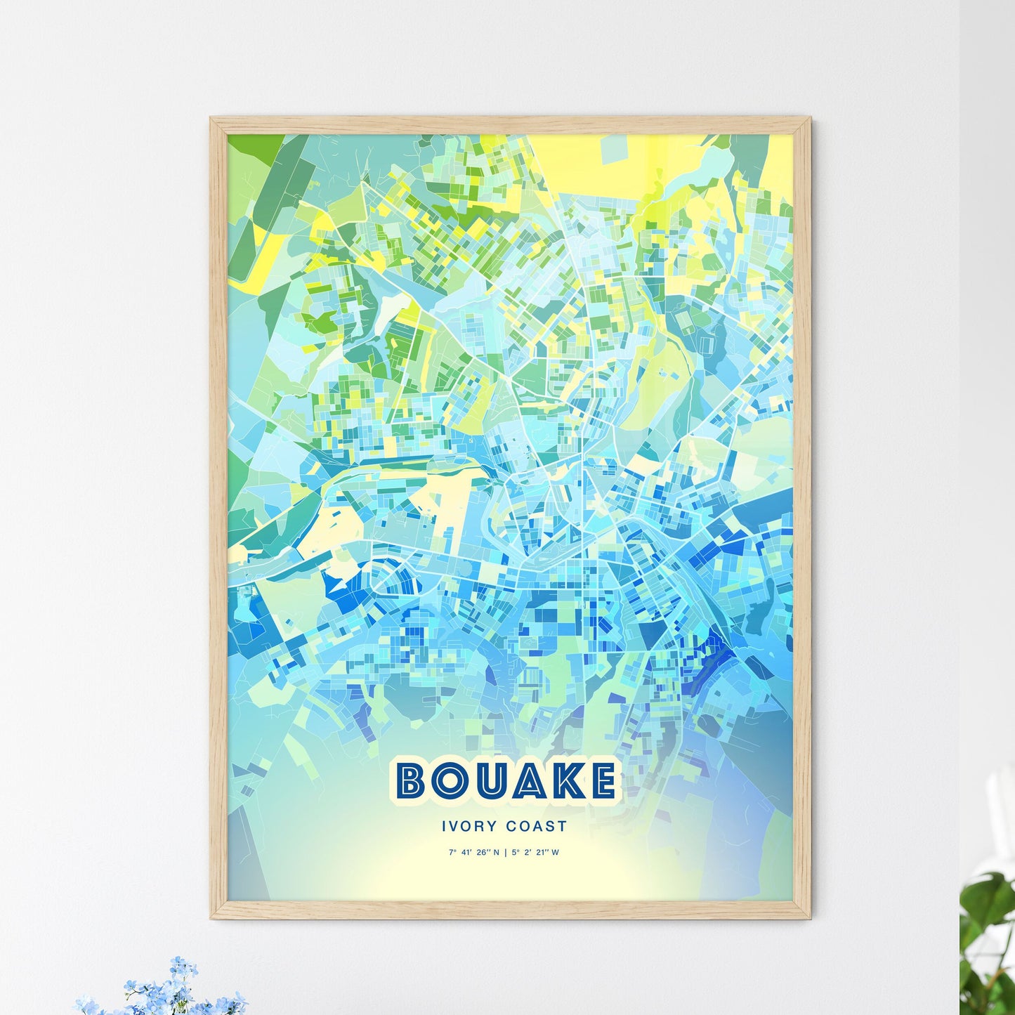 Colorful BOUAKE IVORY COAST Fine Art Map Cool Blue