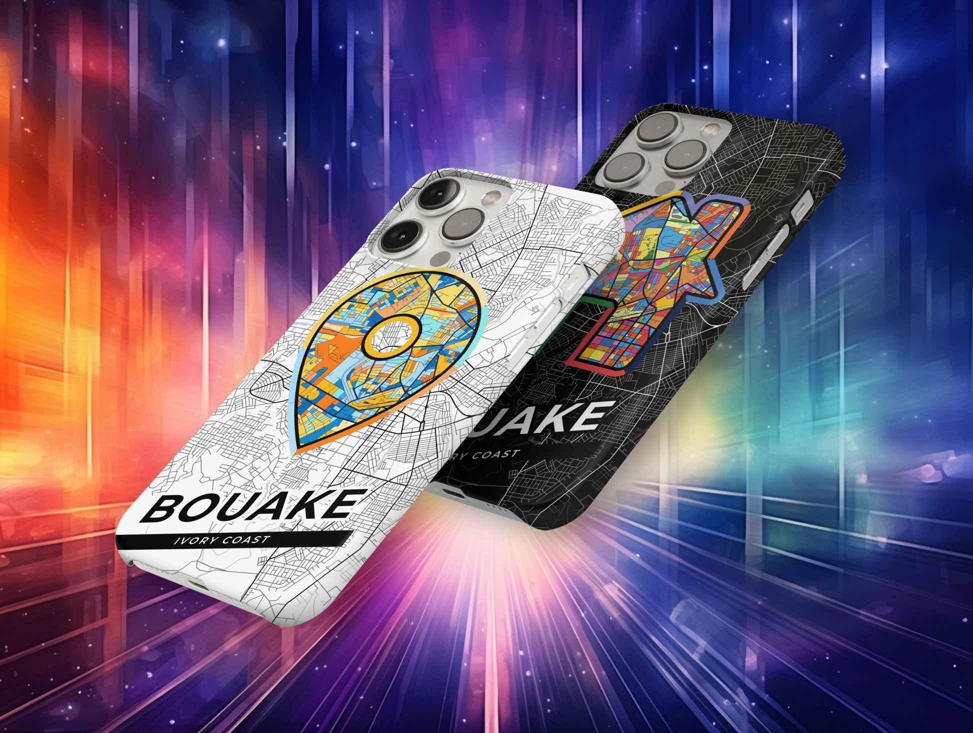 Bouake Ivory Coast slim phone case with colorful icon. Birthday, wedding or housewarming gift. Couple match cases.