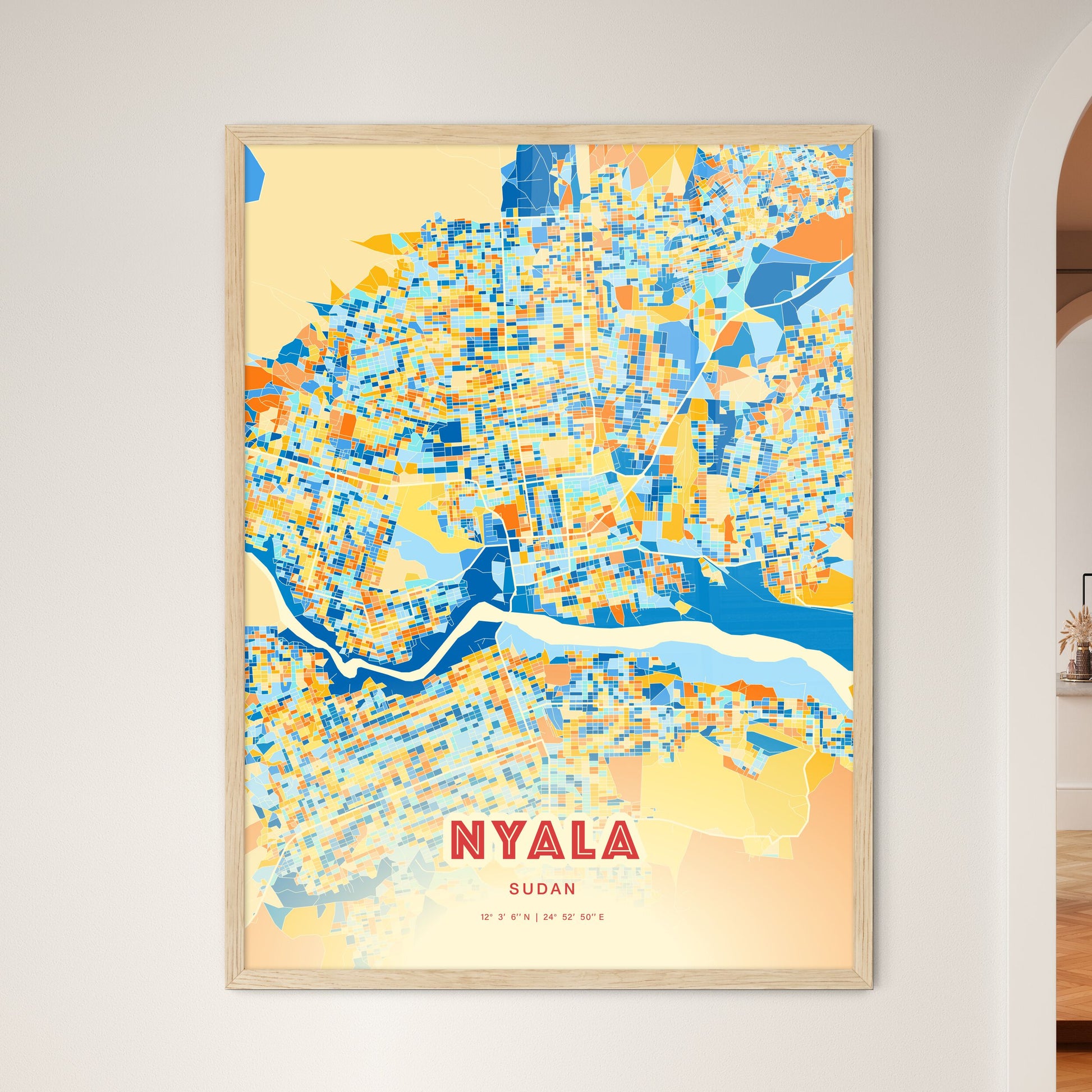 Colorful NYALA SUDAN Fine Art Map Blue Orange