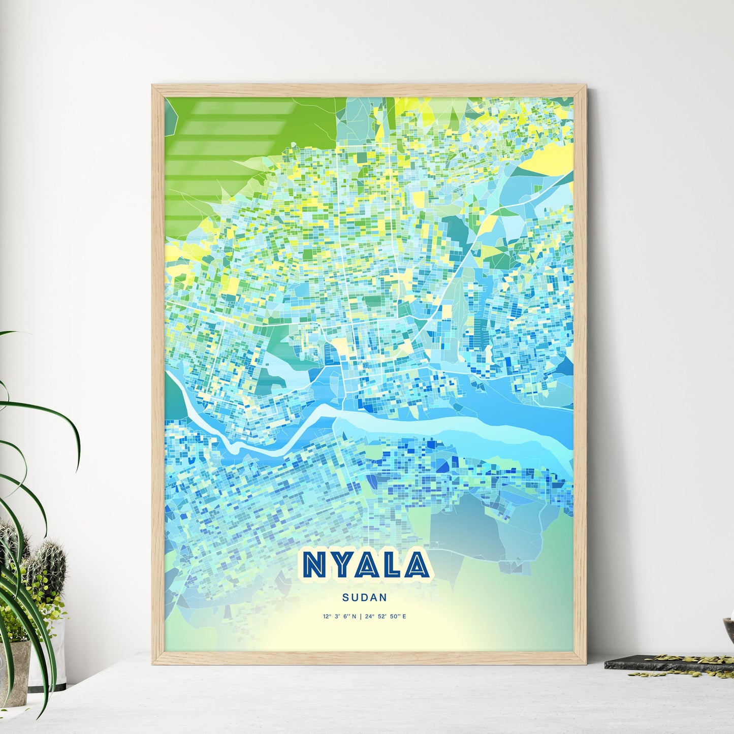 Colorful NYALA SUDAN Fine Art Map Cool Blue