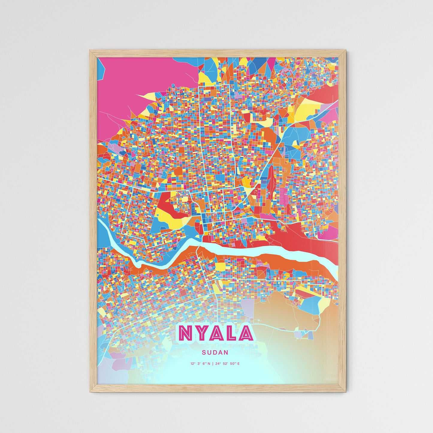 Colorful NYALA SUDAN Fine Art Map Crazy Colors