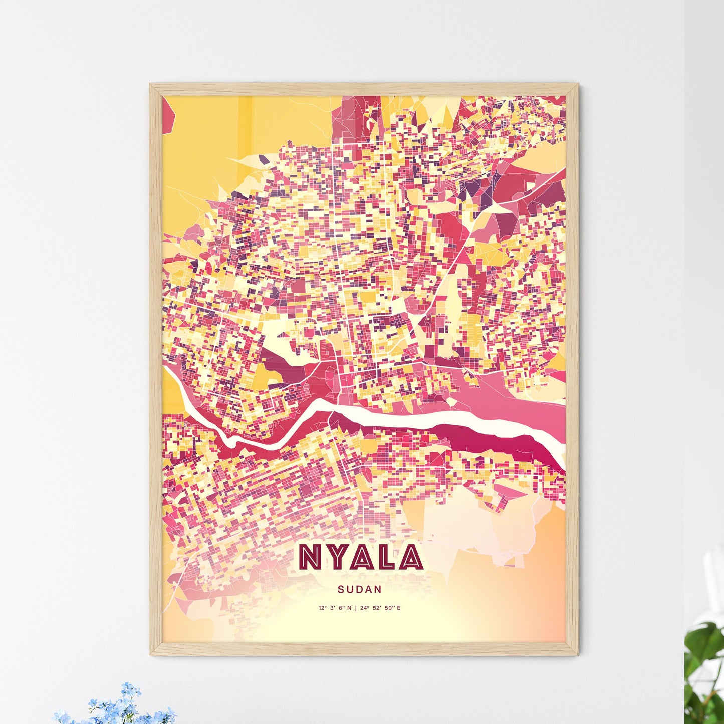 Colorful NYALA SUDAN Fine Art Map Hot Red