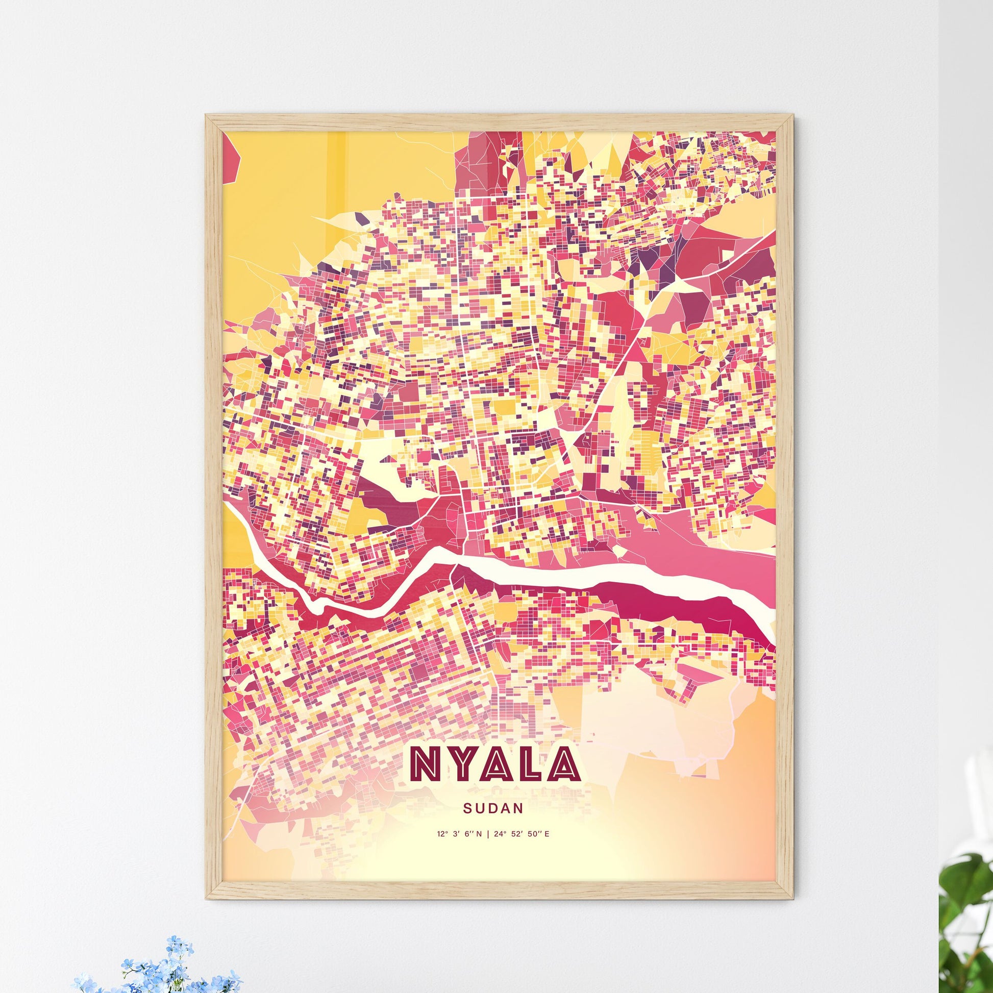 Colorful NYALA SUDAN Fine Art Map Hot Red