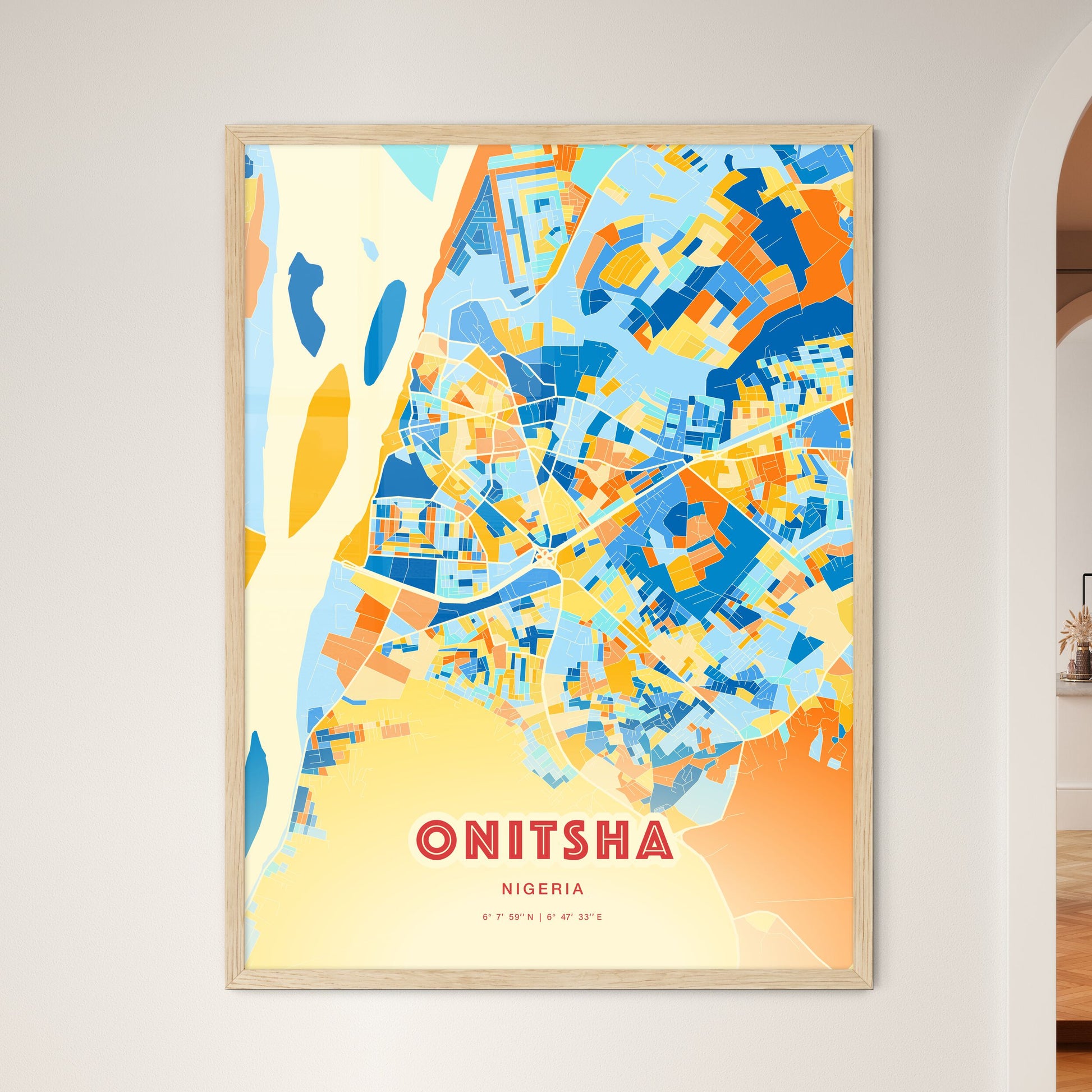 Colorful ONITSHA NIGERIA Fine Art Map Blue Orange