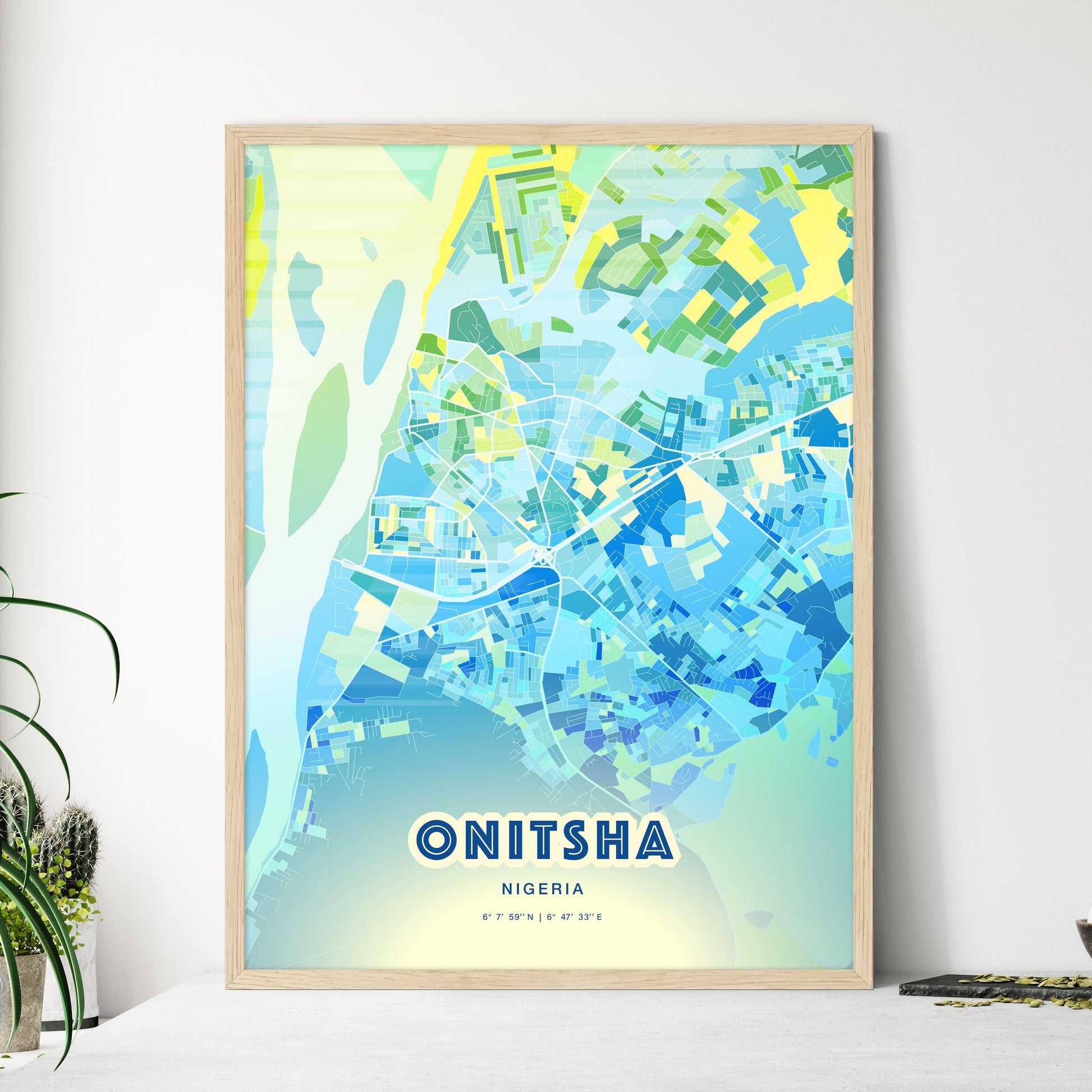 Colorful ONITSHA NIGERIA Fine Art Map Cool Blue