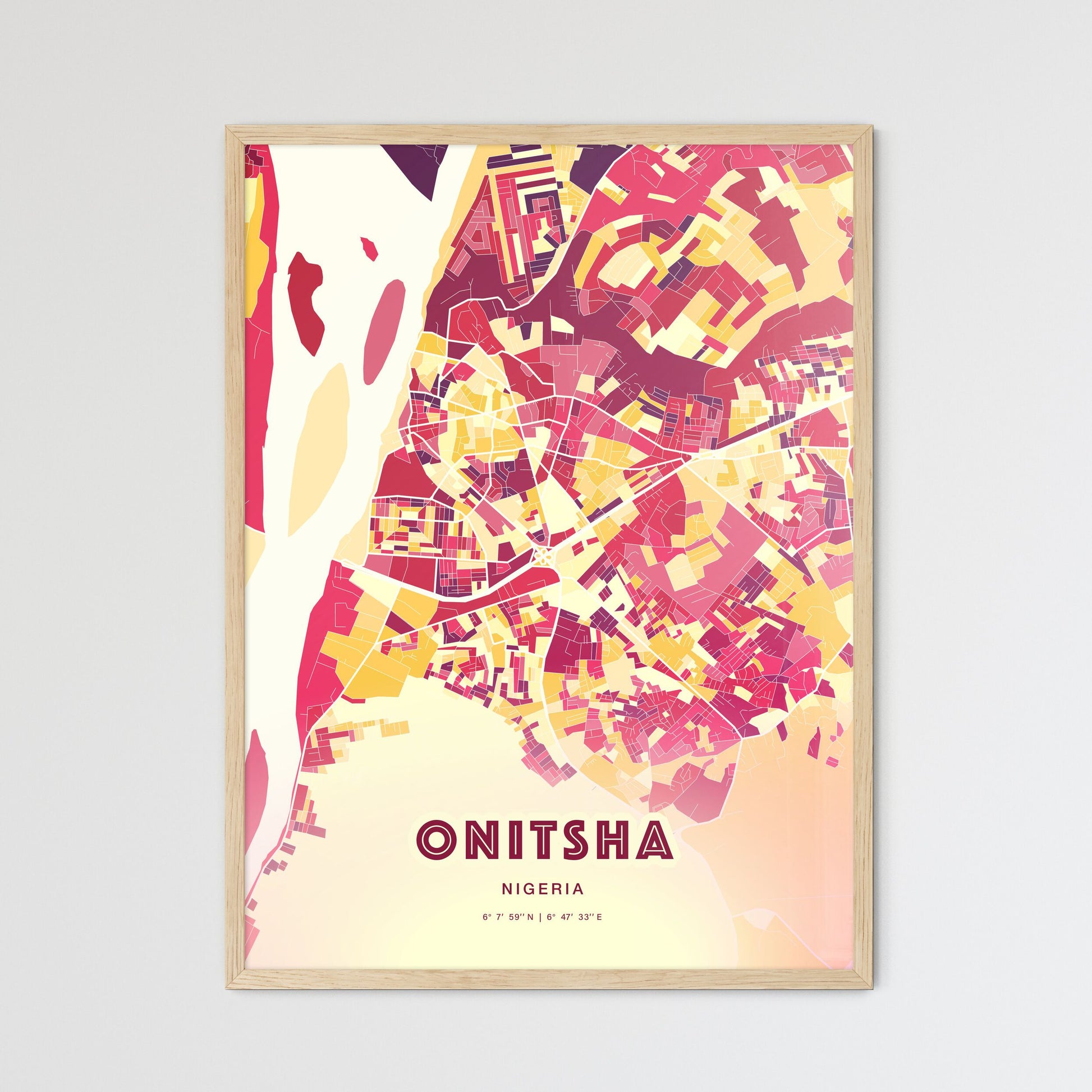 Colorful ONITSHA NIGERIA Fine Art Map Hot Red