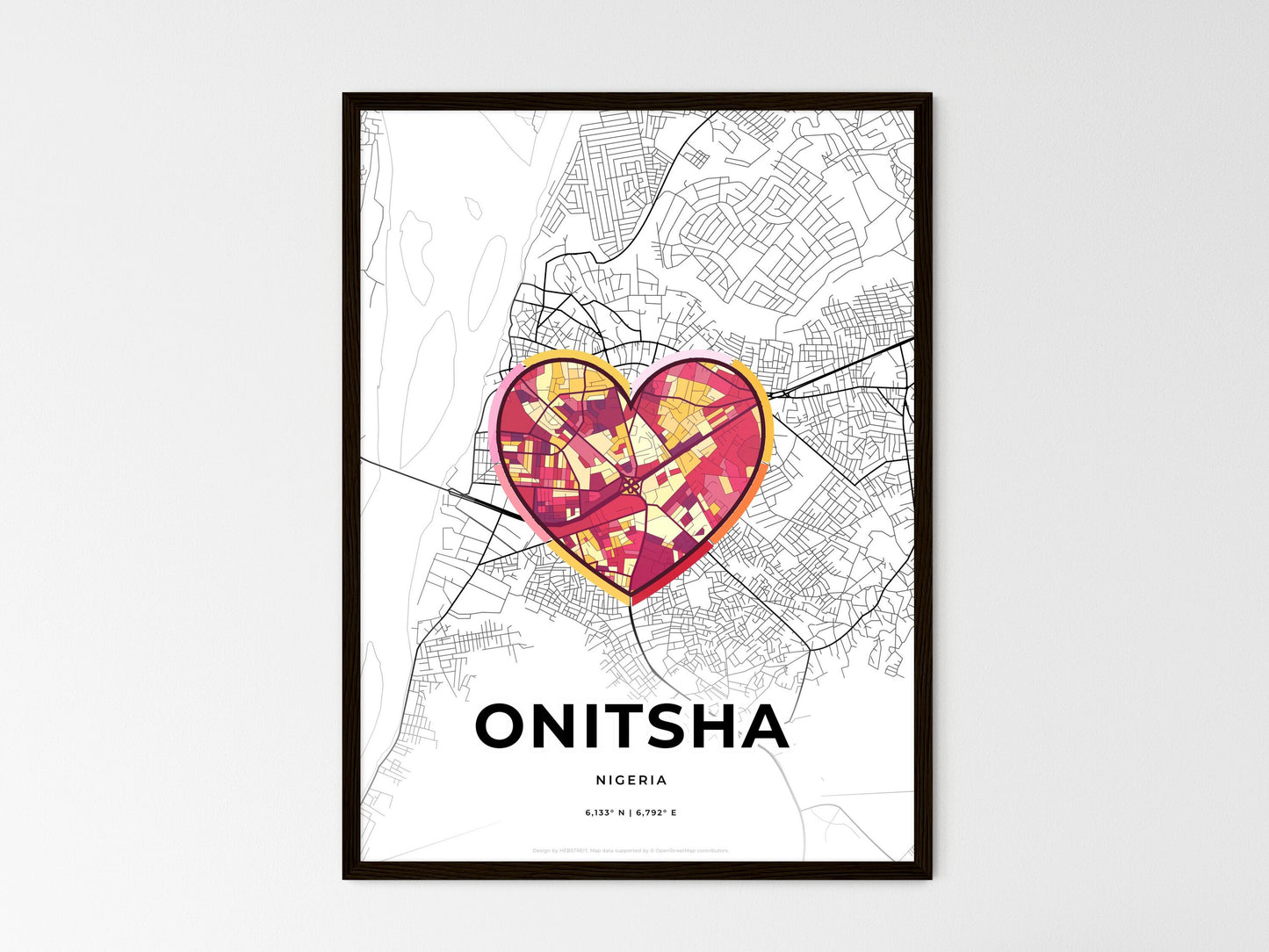 Onitsha Nigeria wedding art map with heart icon