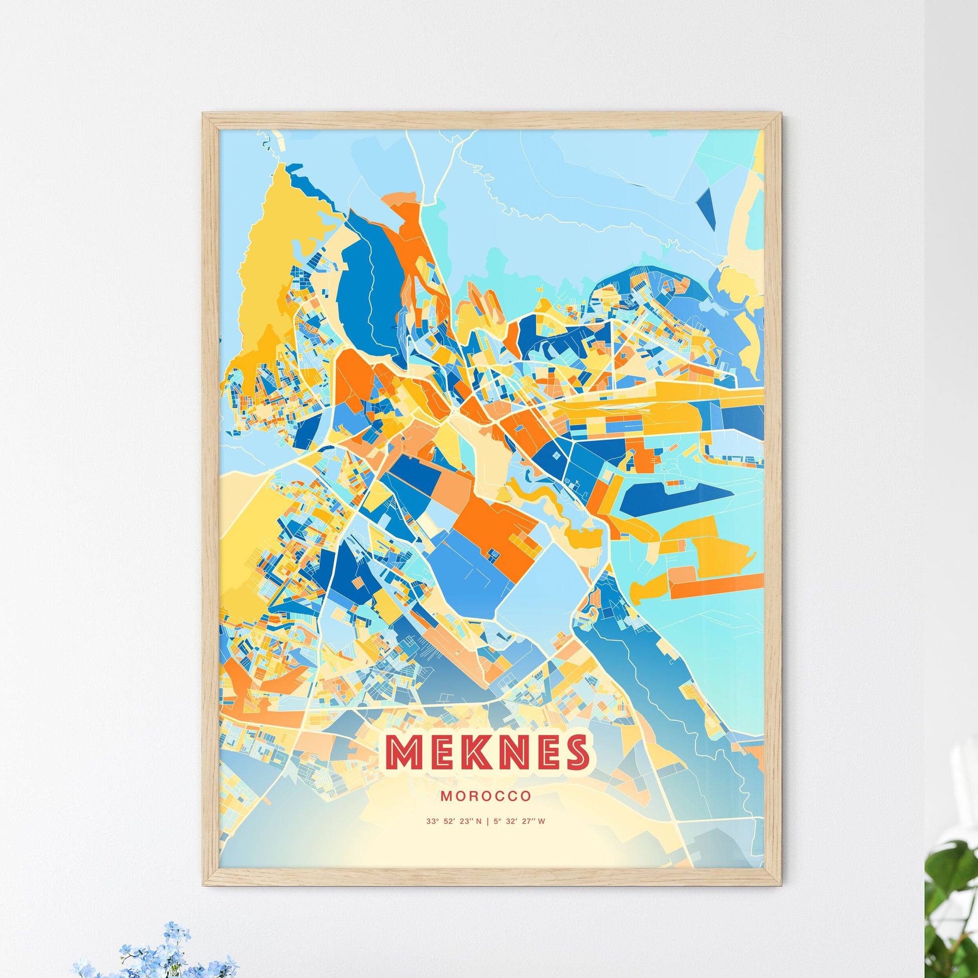 Colorful MEKNES MOROCCO Fine Art Map Blue Orange