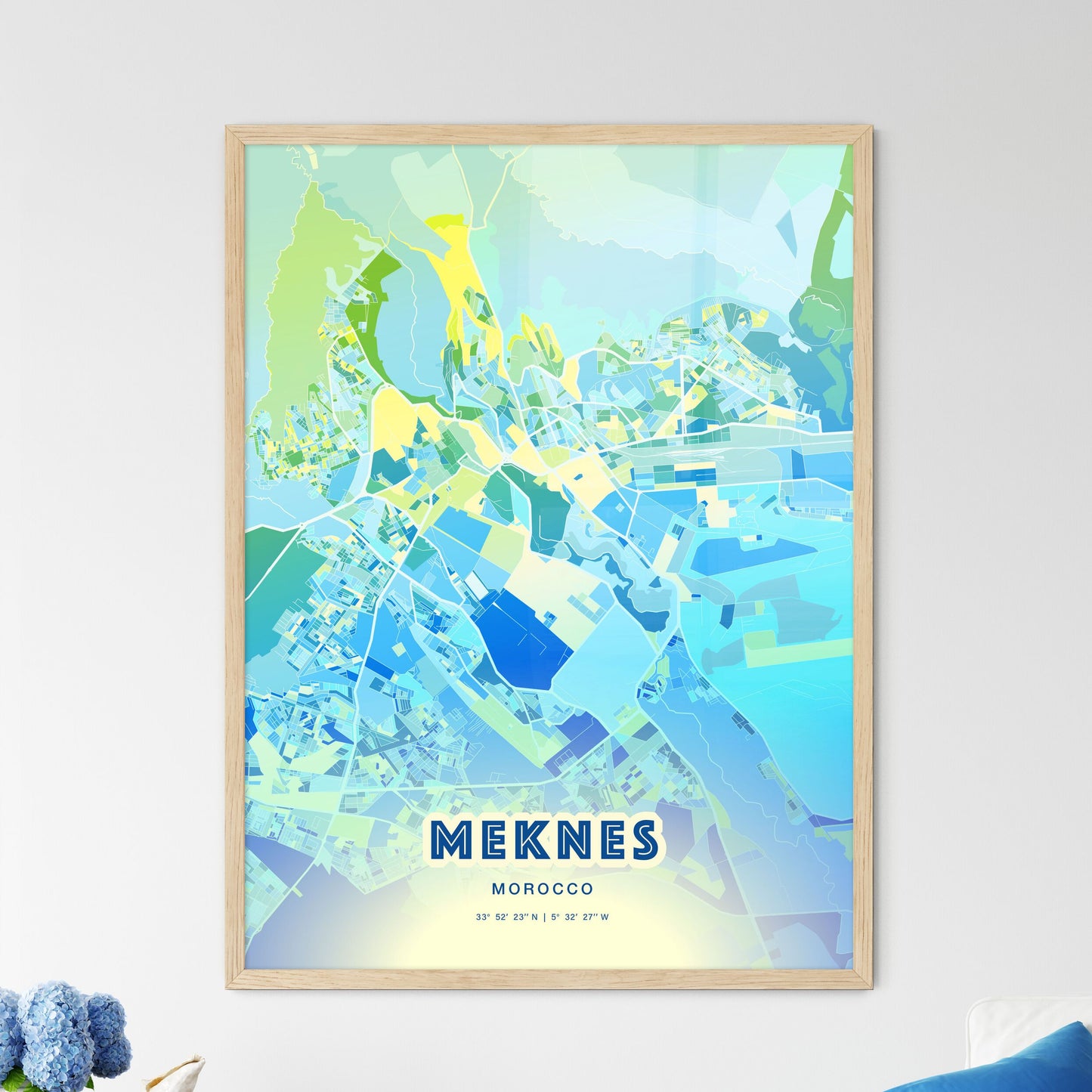 Colorful MEKNES MOROCCO Fine Art Map Cool Blue