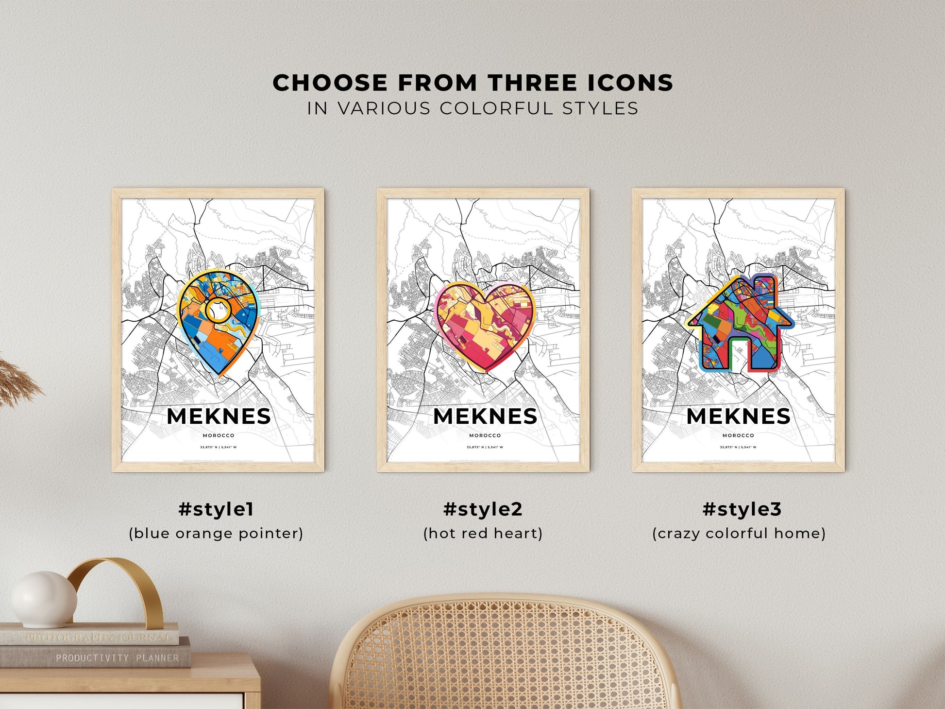 Meknes Morocco maps with colorful icons