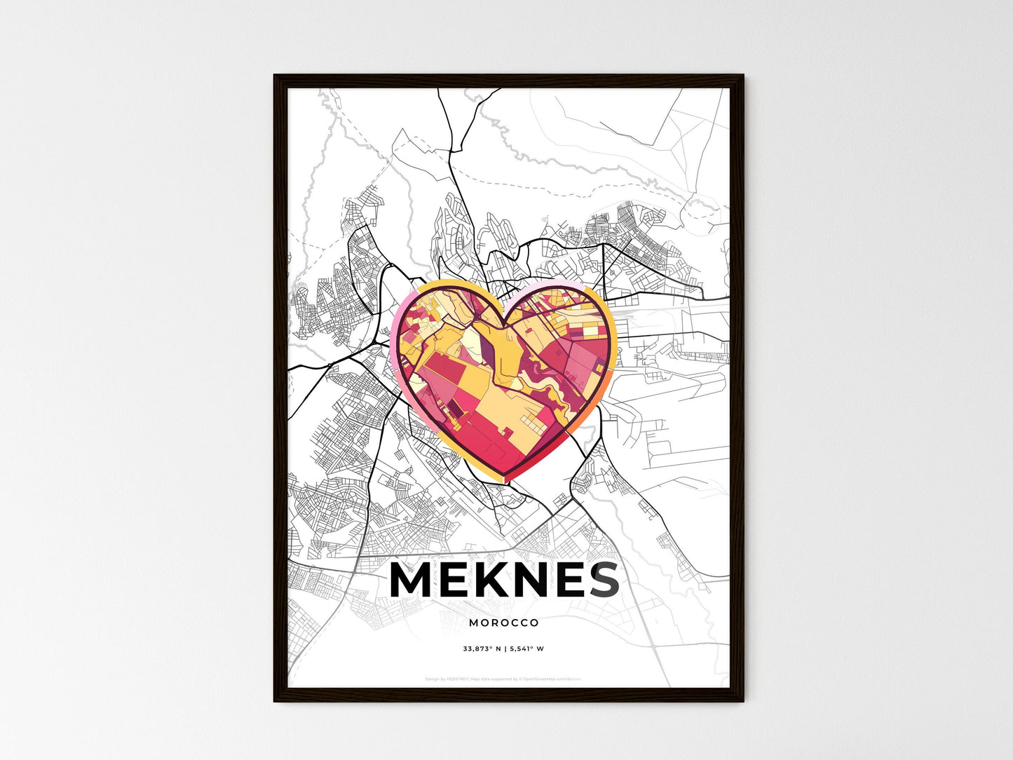 Meknes Morocco wedding art map with heart icon