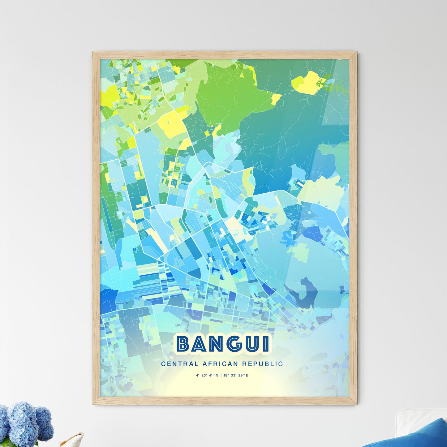 Colorful BANGUI CENTRAL AFRICAN REPUBLIC Fine Art Map Cool Blue