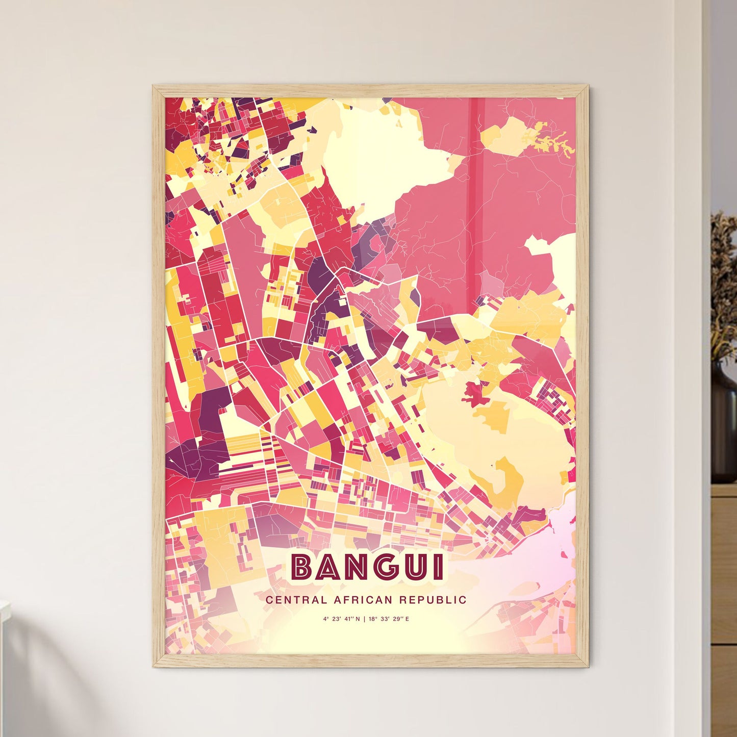 Colorful BANGUI CENTRAL AFRICAN REPUBLIC Fine Art Map Hot Red