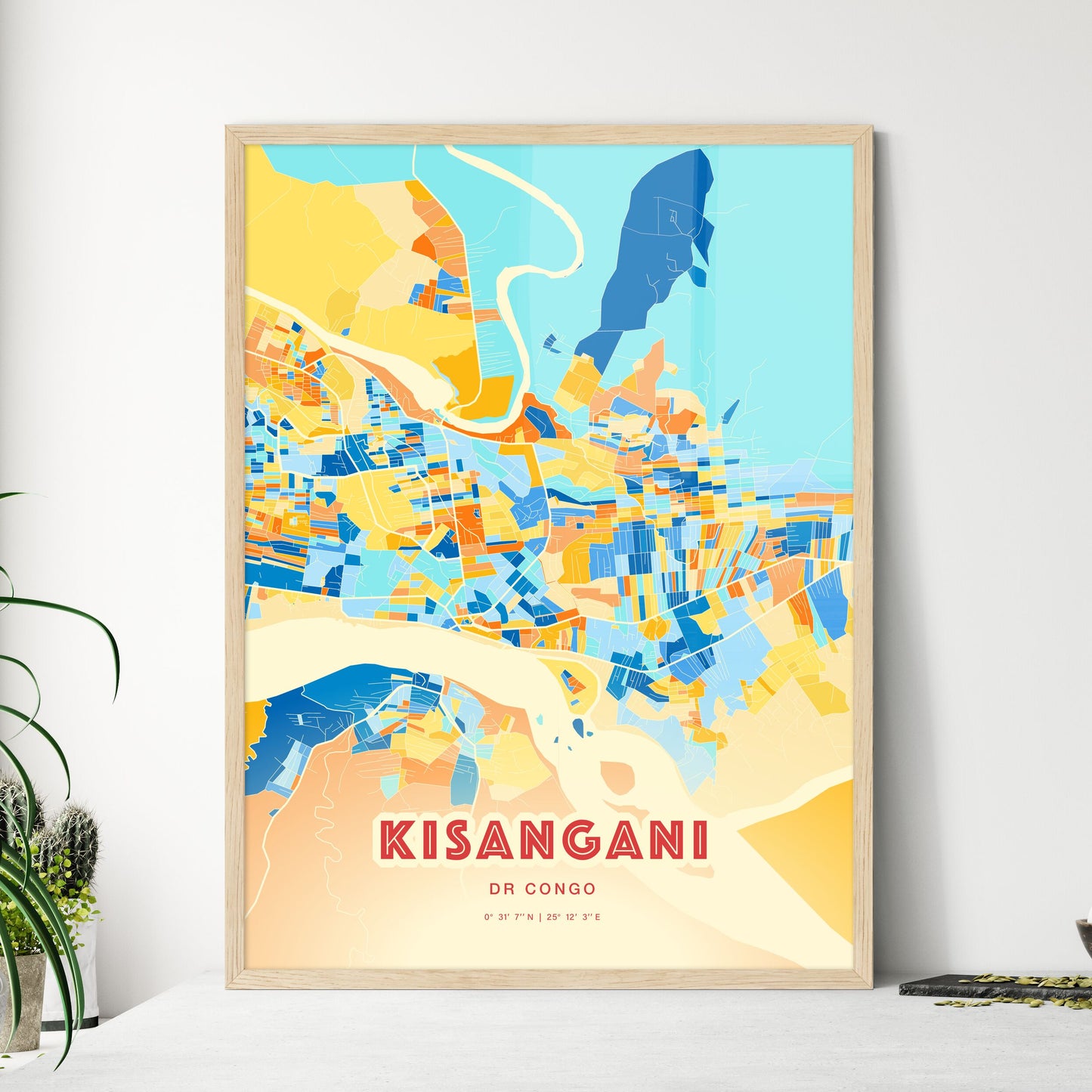 Colorful KISANGANI DR CONGO Fine Art Map Blue Orange