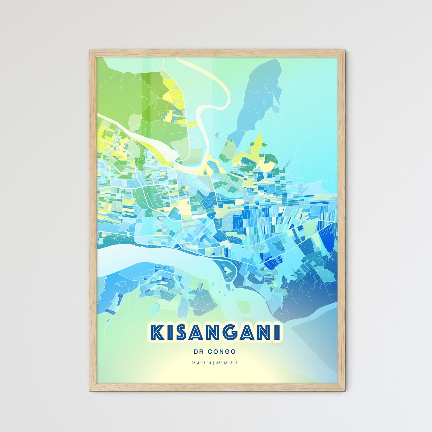 Colorful KISANGANI DR CONGO Fine Art Map Cool Blue