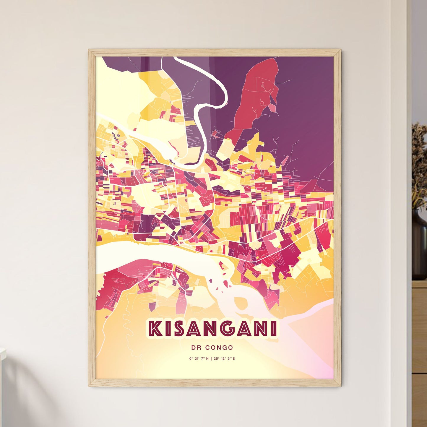 Colorful KISANGANI DR CONGO Fine Art Map Hot Red