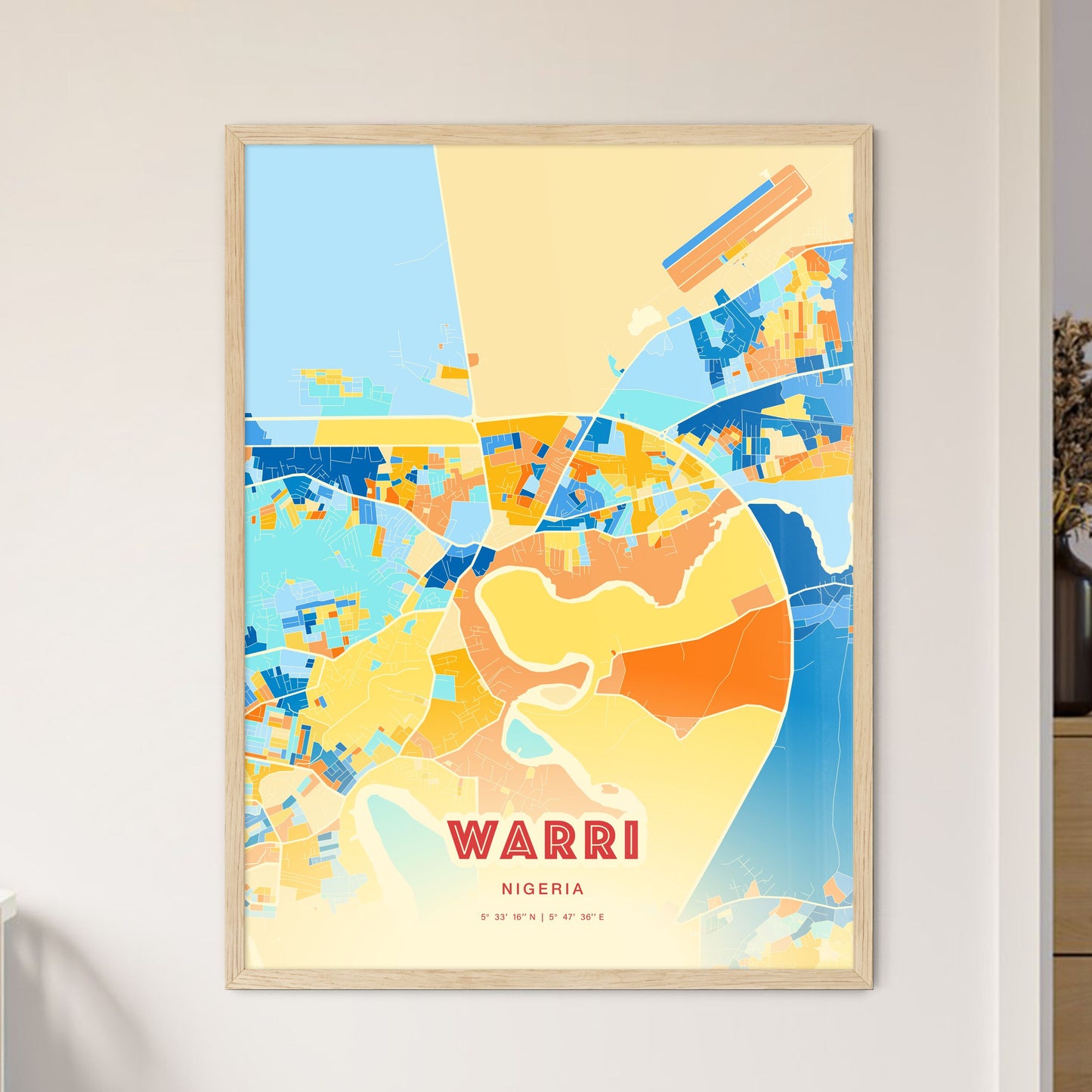 Colorful WARRI NIGERIA Fine Art Map Blue Orange