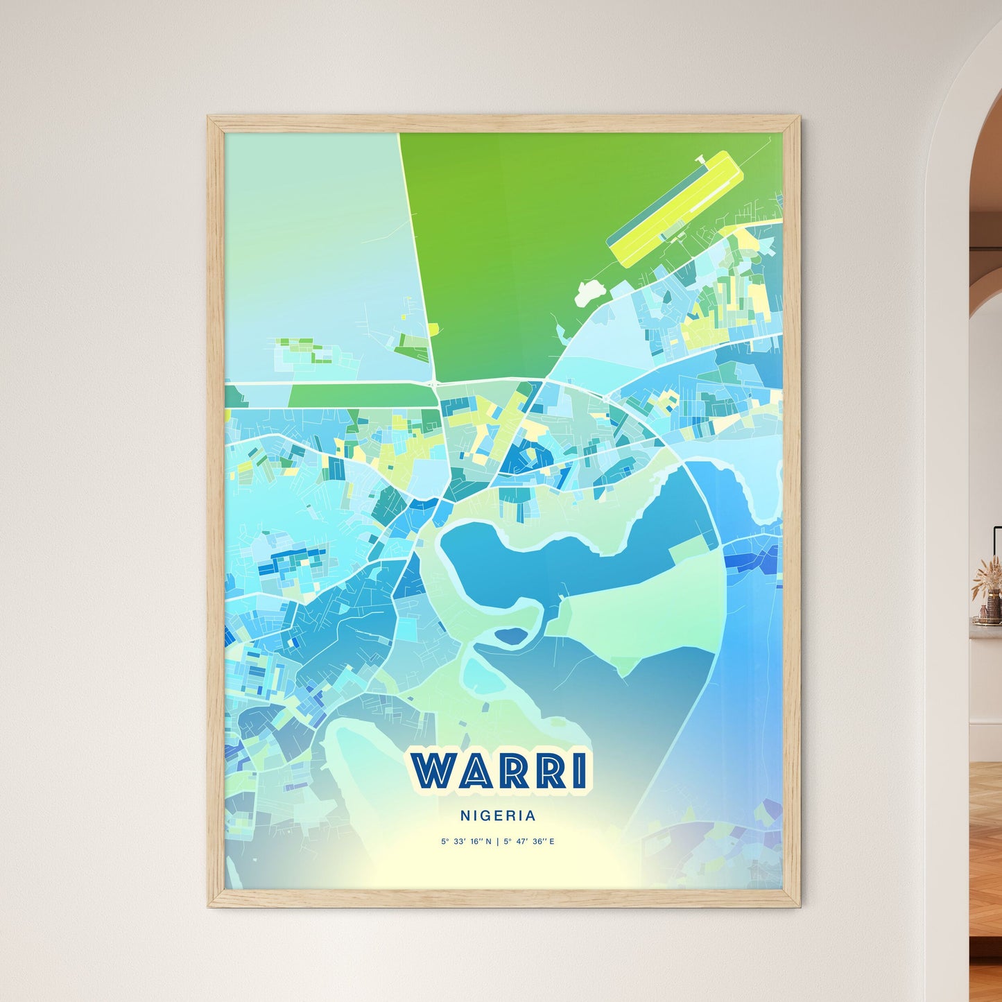 Colorful WARRI NIGERIA Fine Art Map Cool Blue