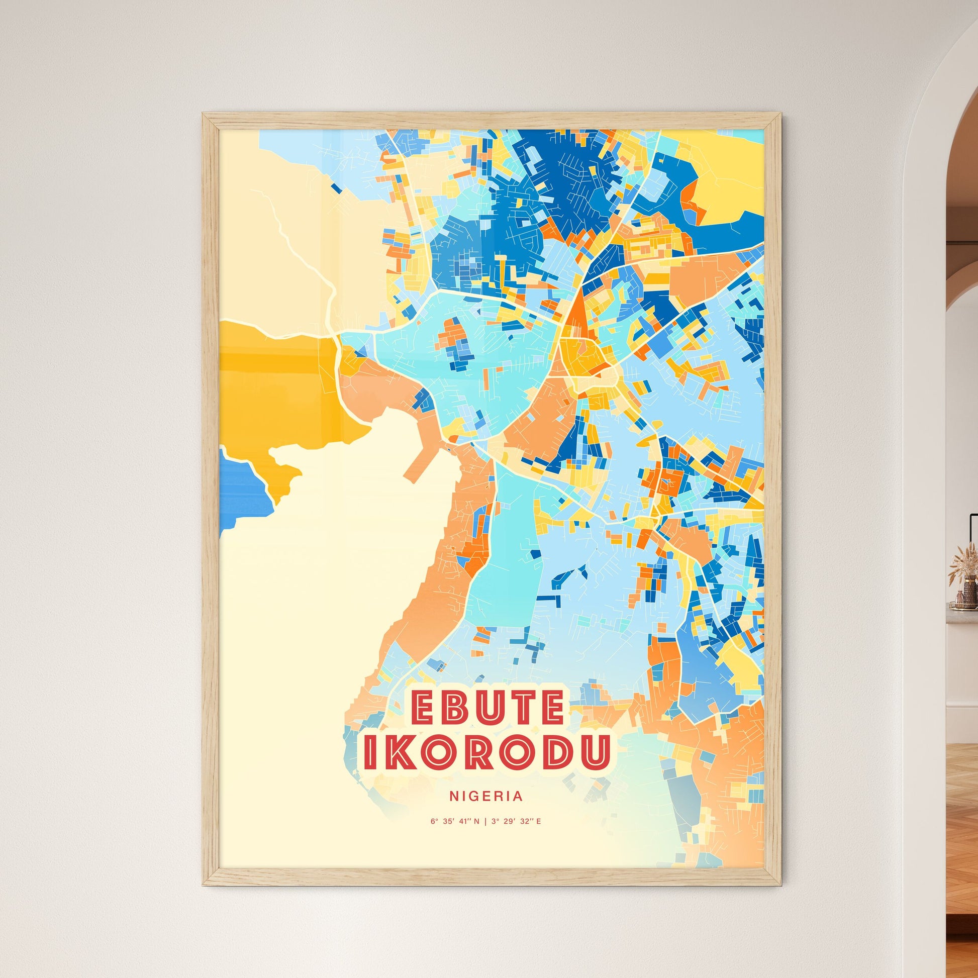 Colorful EBUTE IKORODU NIGERIA Fine Art Map Blue Orange