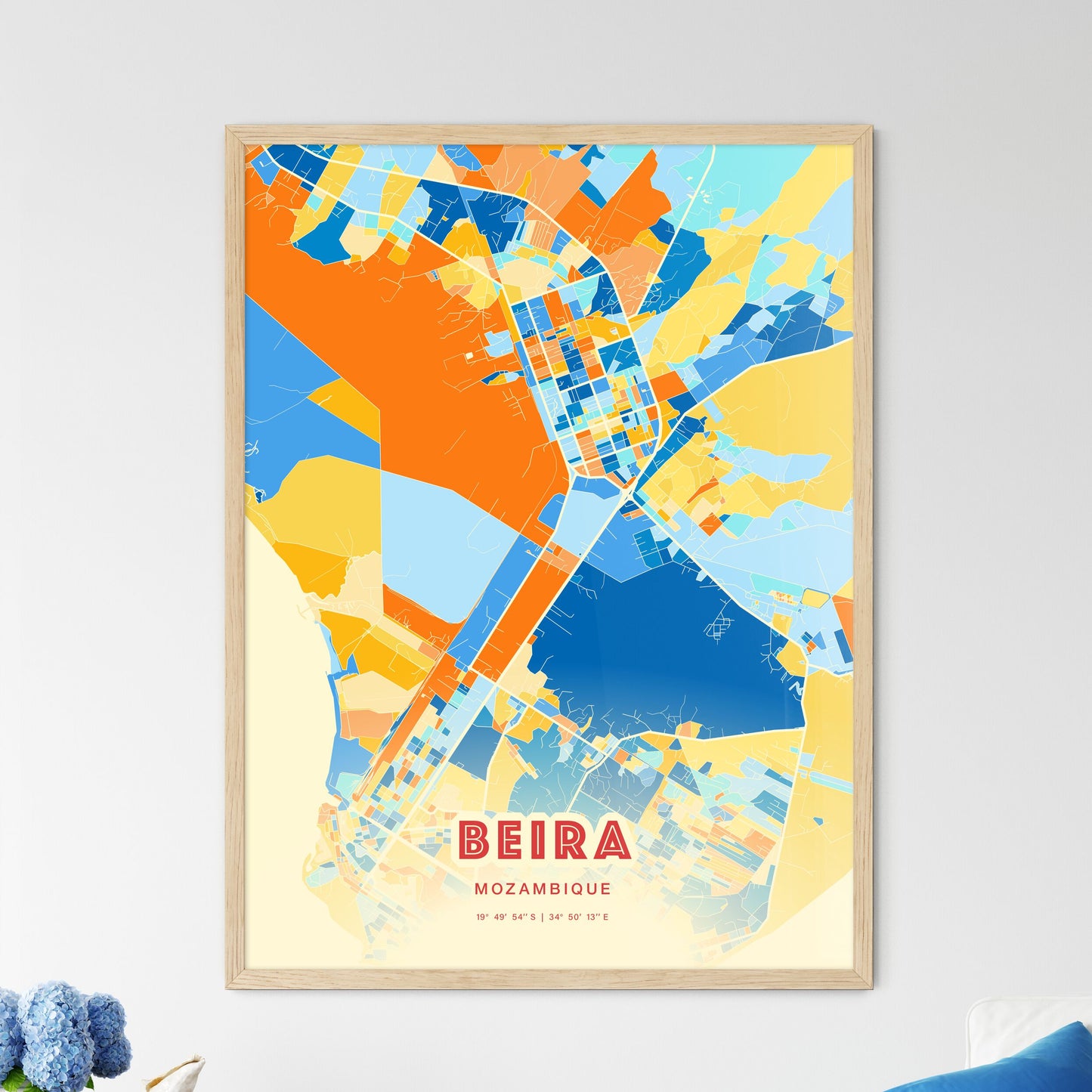 Colorful BEIRA MOZAMBIQUE Fine Art Map Blue Orange