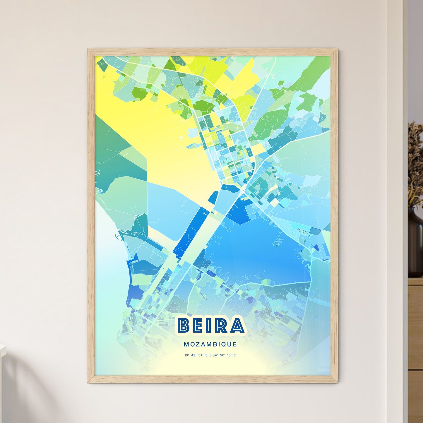 Colorful BEIRA MOZAMBIQUE Fine Art Map Cool Blue