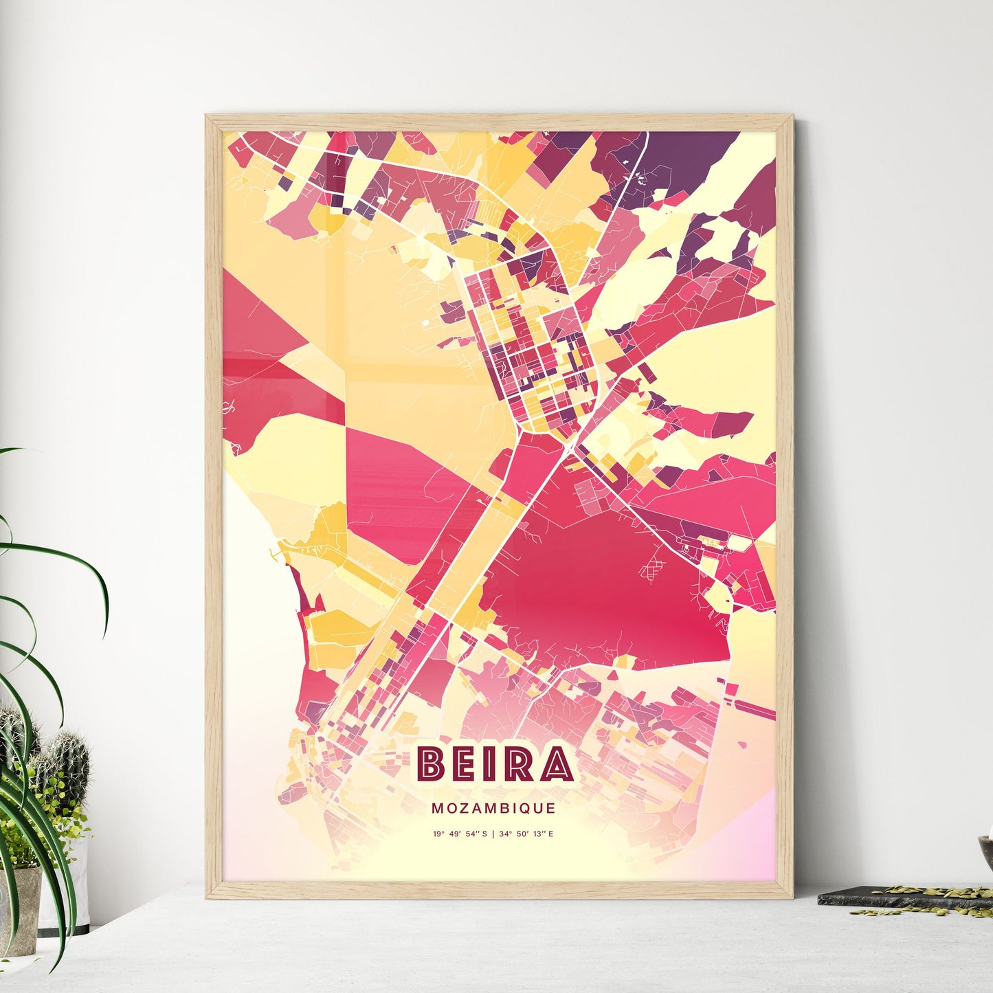 Colorful BEIRA MOZAMBIQUE Fine Art Map Hot Red