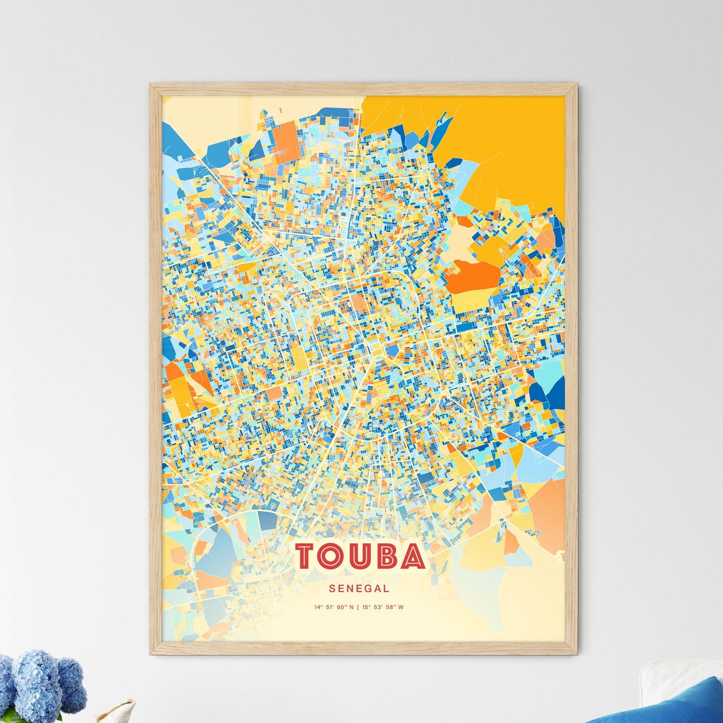 Colorful Touba Senegal Fine Art Map Blue Orange