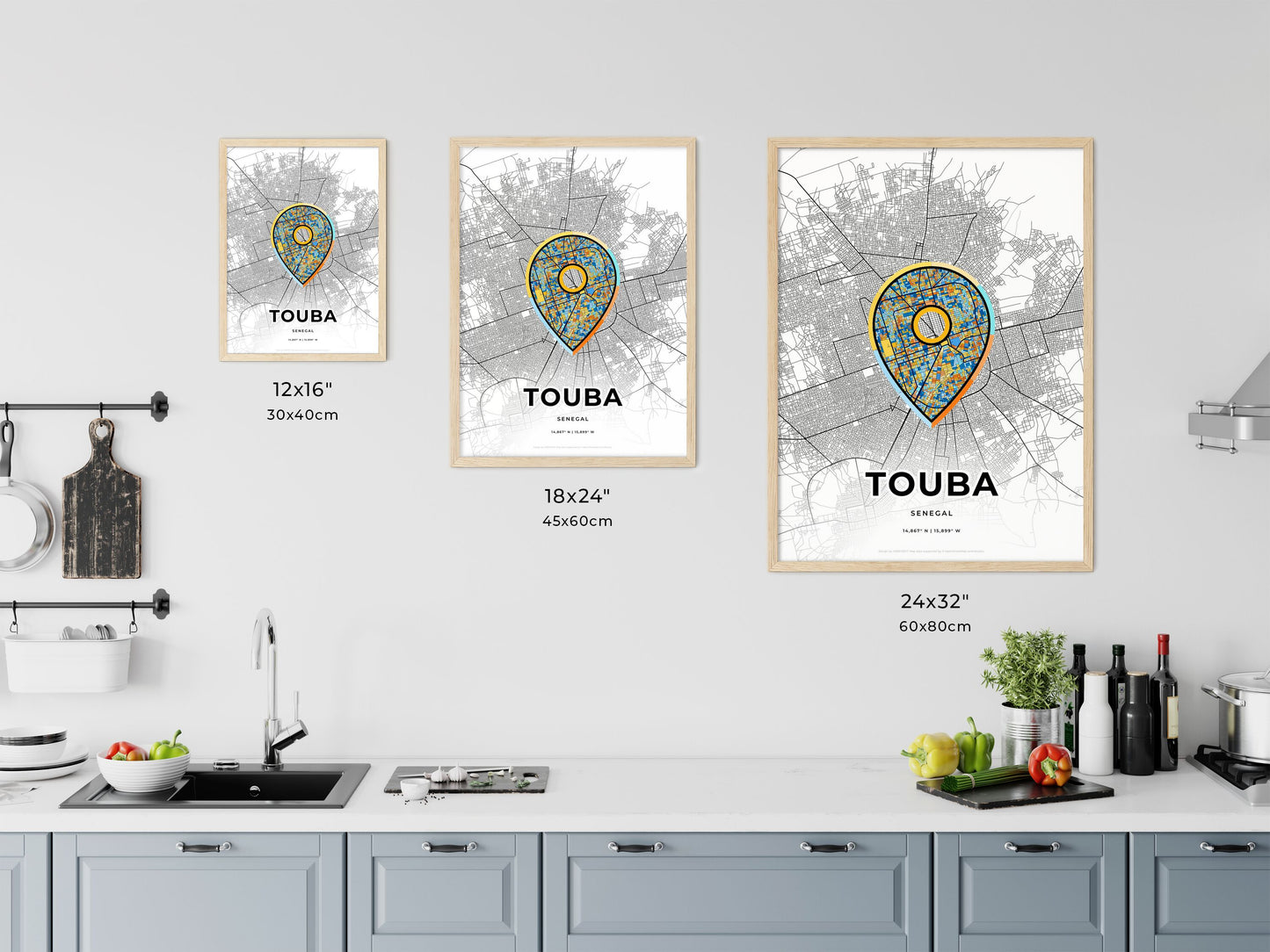 TOUBA SENEGAL minimal art map with a colorful icon. Where it all began, Couple map gift.