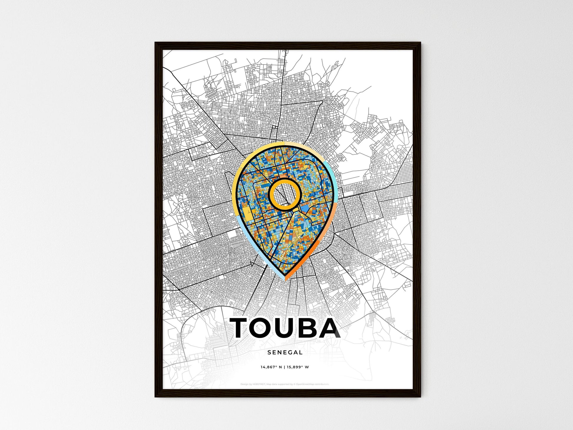 TOUBA SENEGAL minimal art map with a colorful icon. Where it all began, Couple map gift. Style 1