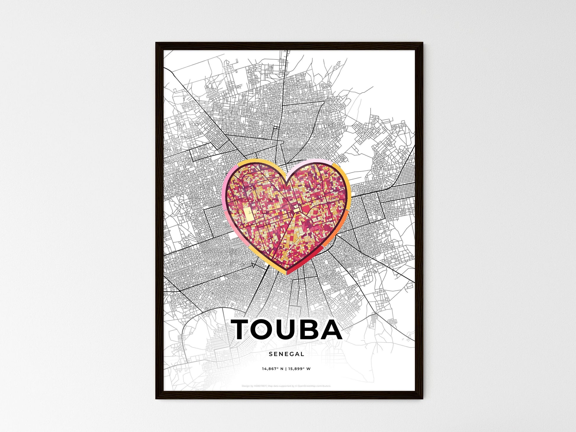 TOUBA SENEGAL minimal art map with a colorful icon. Where it all began, Couple map gift. Style 2