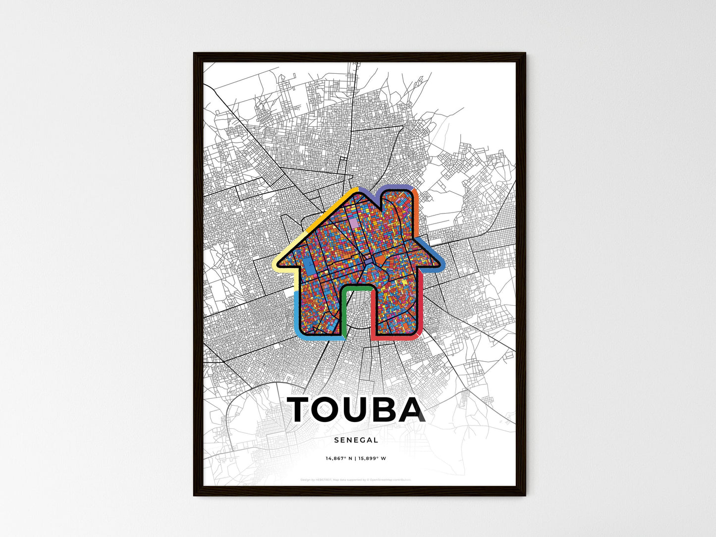 TOUBA SENEGAL minimal art map with a colorful icon. Where it all began, Couple map gift. Style 3